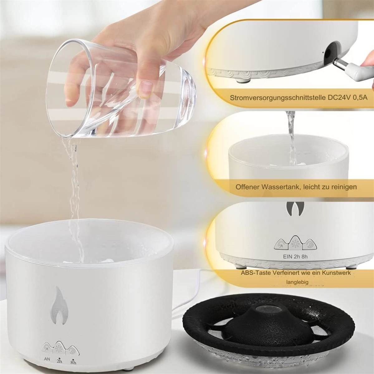 Ein weißer Diffusor für ätherische Öle, in den Wasser gegossen wird, mit Steuertasten. Hintergrund: weiß.