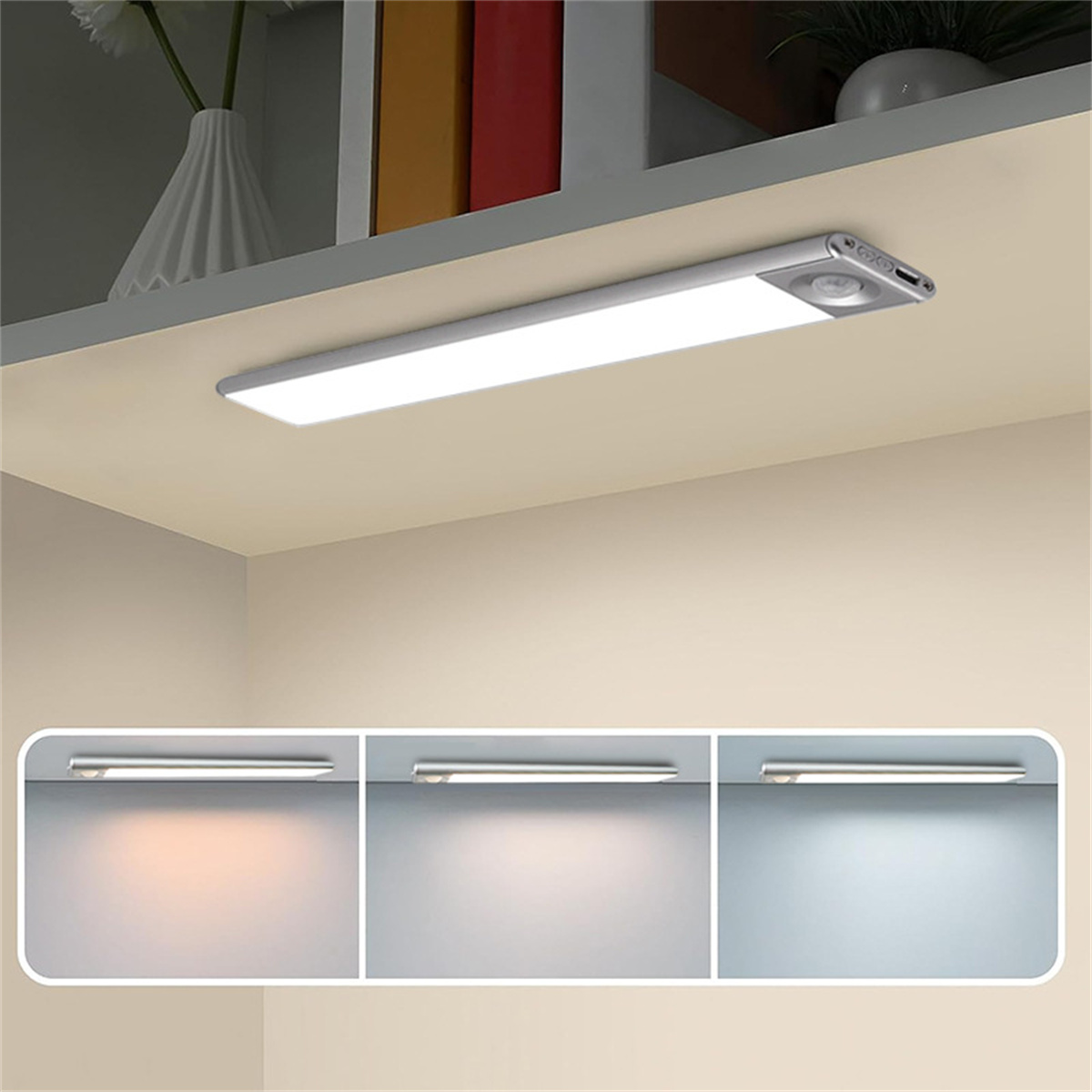 Ein rechteckiges LED-Licht ist an einem Regal befestigt. Darunter werden drei Lichteinstellungen angezeigt.