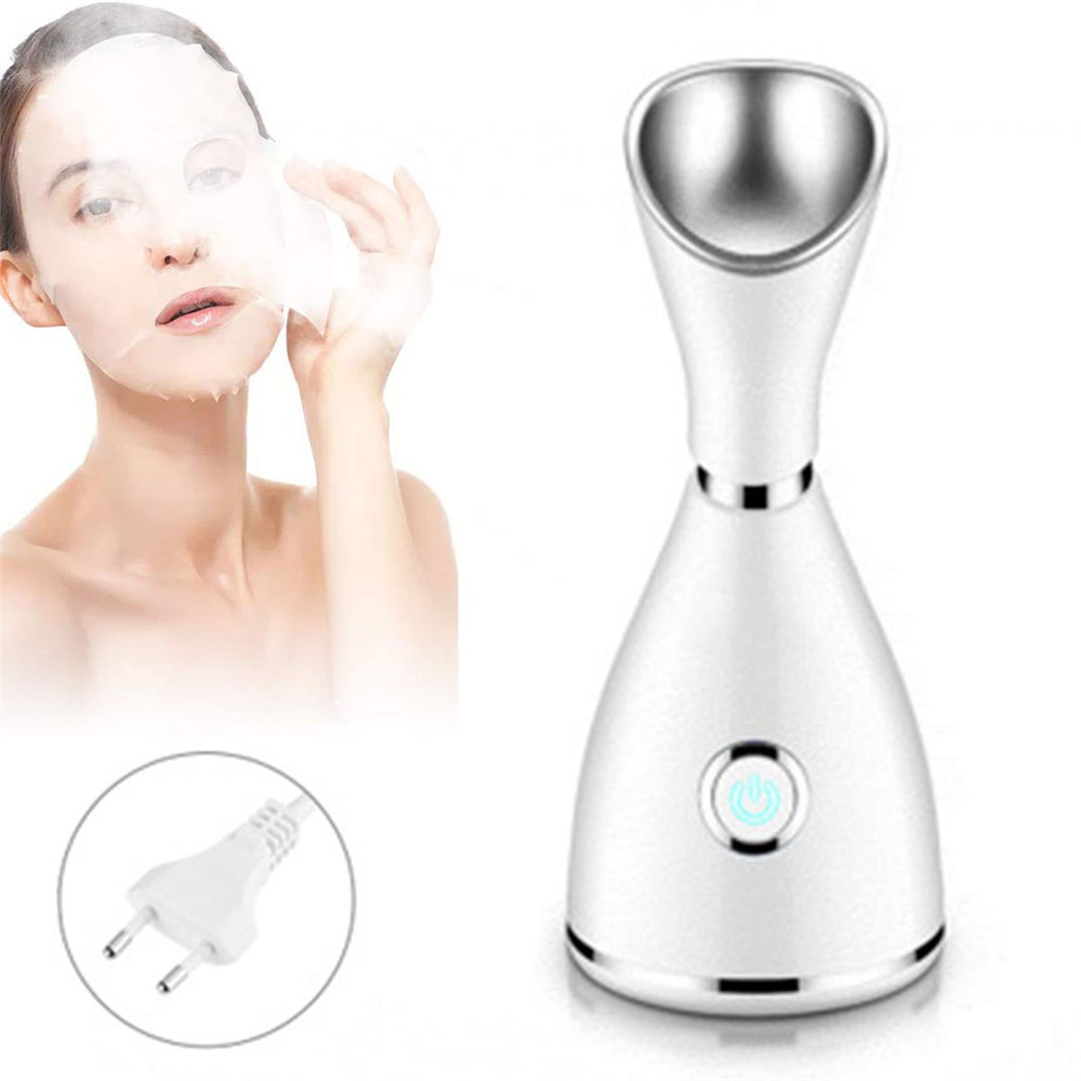 Frau mit Gesichtsmaske, die einen weißen Gesichtsdampfer benutzt. Stecker wird gezeigt.