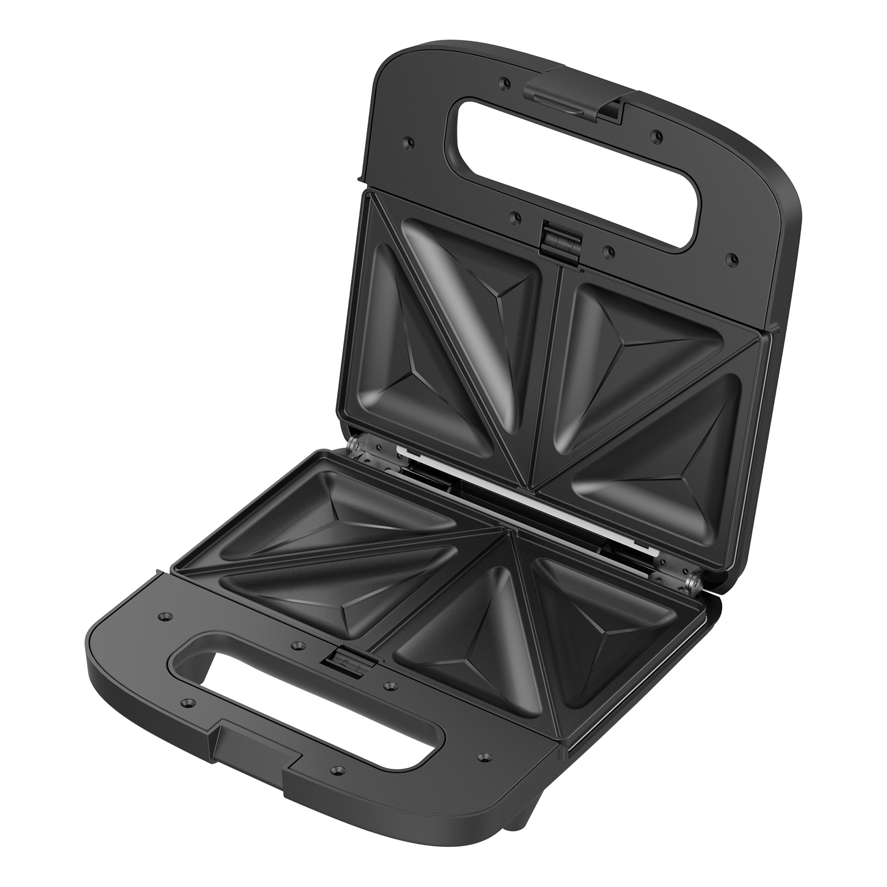 Schwarzer Sandwichmaker, offen, zeigt vier dreieckige Abschnitte für Sandwiches.