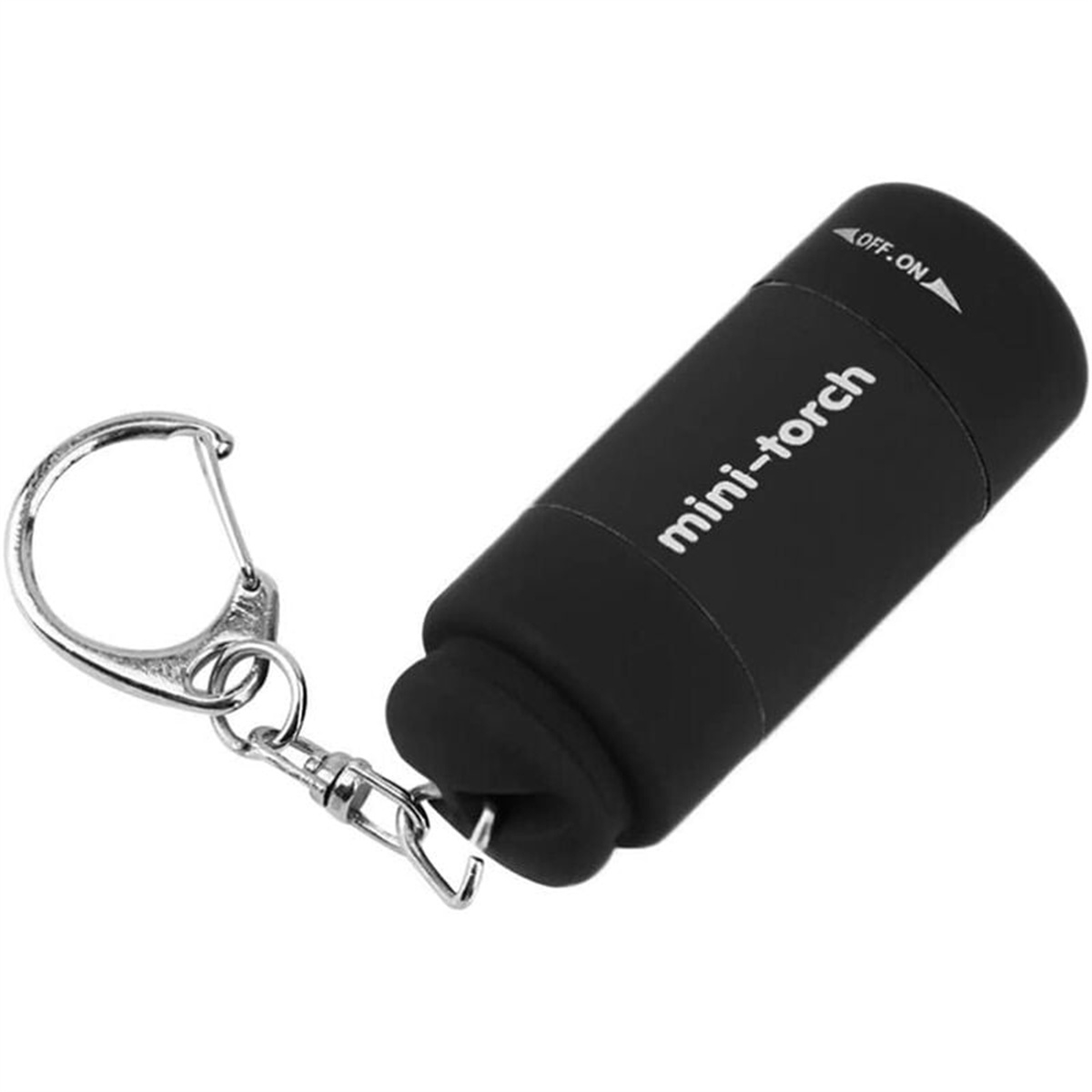 Schwarzer Mini-Taschenlampen-Schlüsselanhänger mit silbernem Ring. Markiert mit 'mini-torch'.