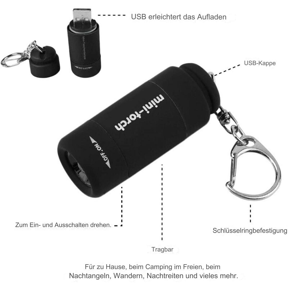 Schwarze Mini-Taschenlampe mit USB-Ladeanschluss und Schlüsselringbefestigung. Etiketten zeigen Ein/Aus- und USB-Funktionen.