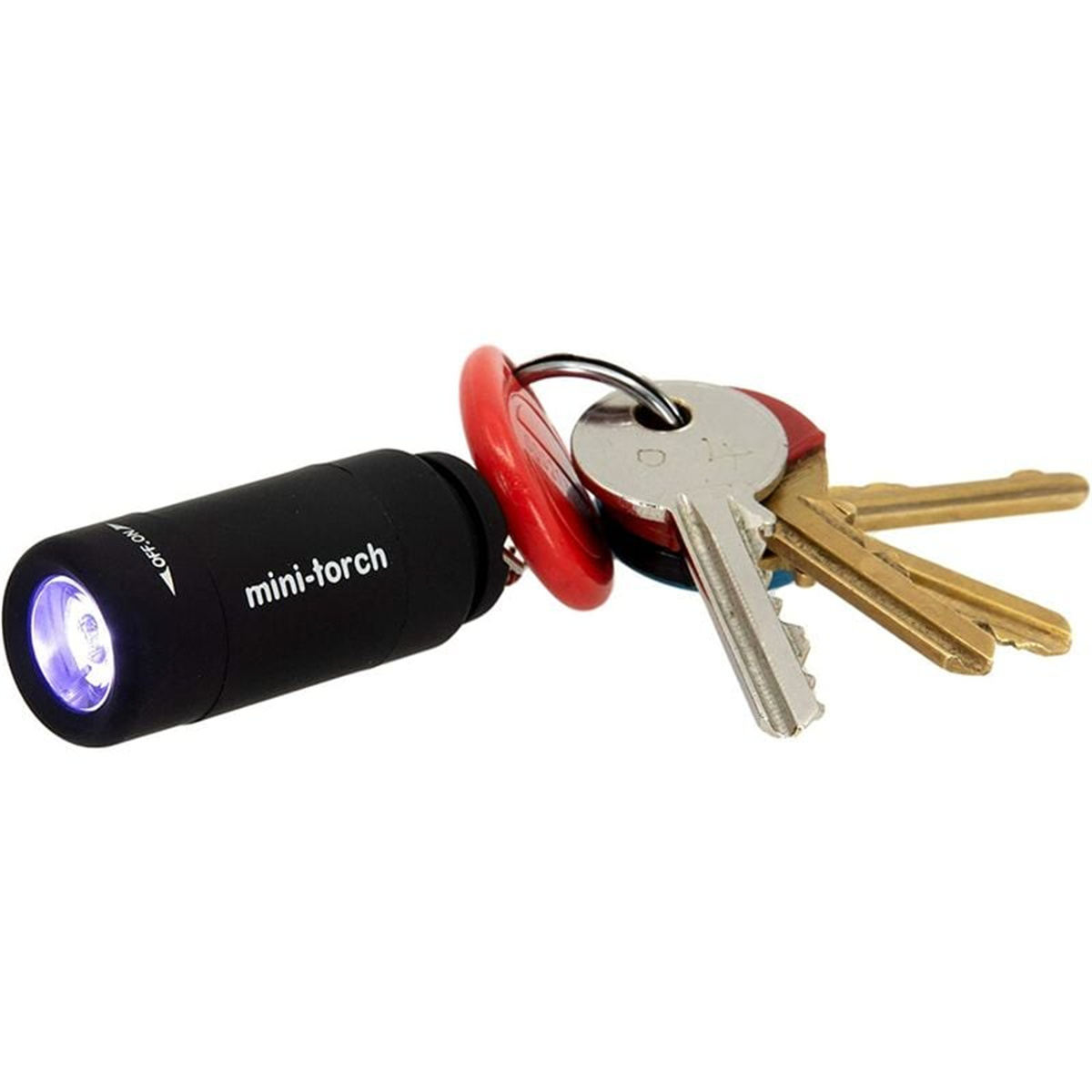 Eine Mini-Schwarz-Taschenlampe mit Schlüsselring und Schlüsselsatz.