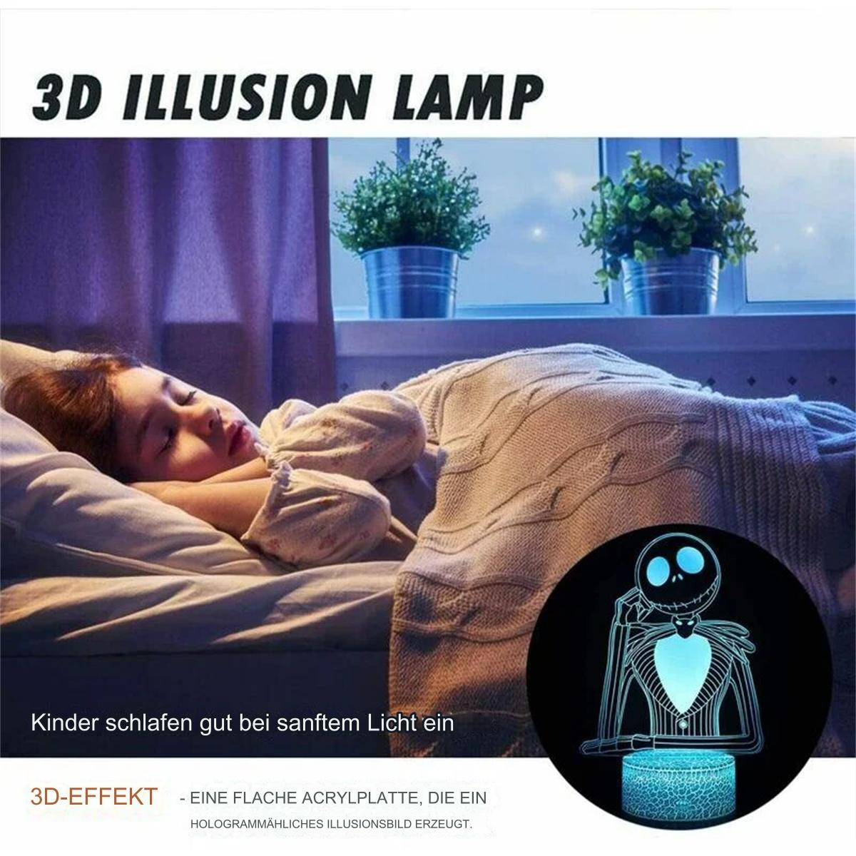 Ein junges Mädchen schläft im Bett, mit einer 3D-Illusionslampe. Die Lampe ist von einem Skelettcharakter.