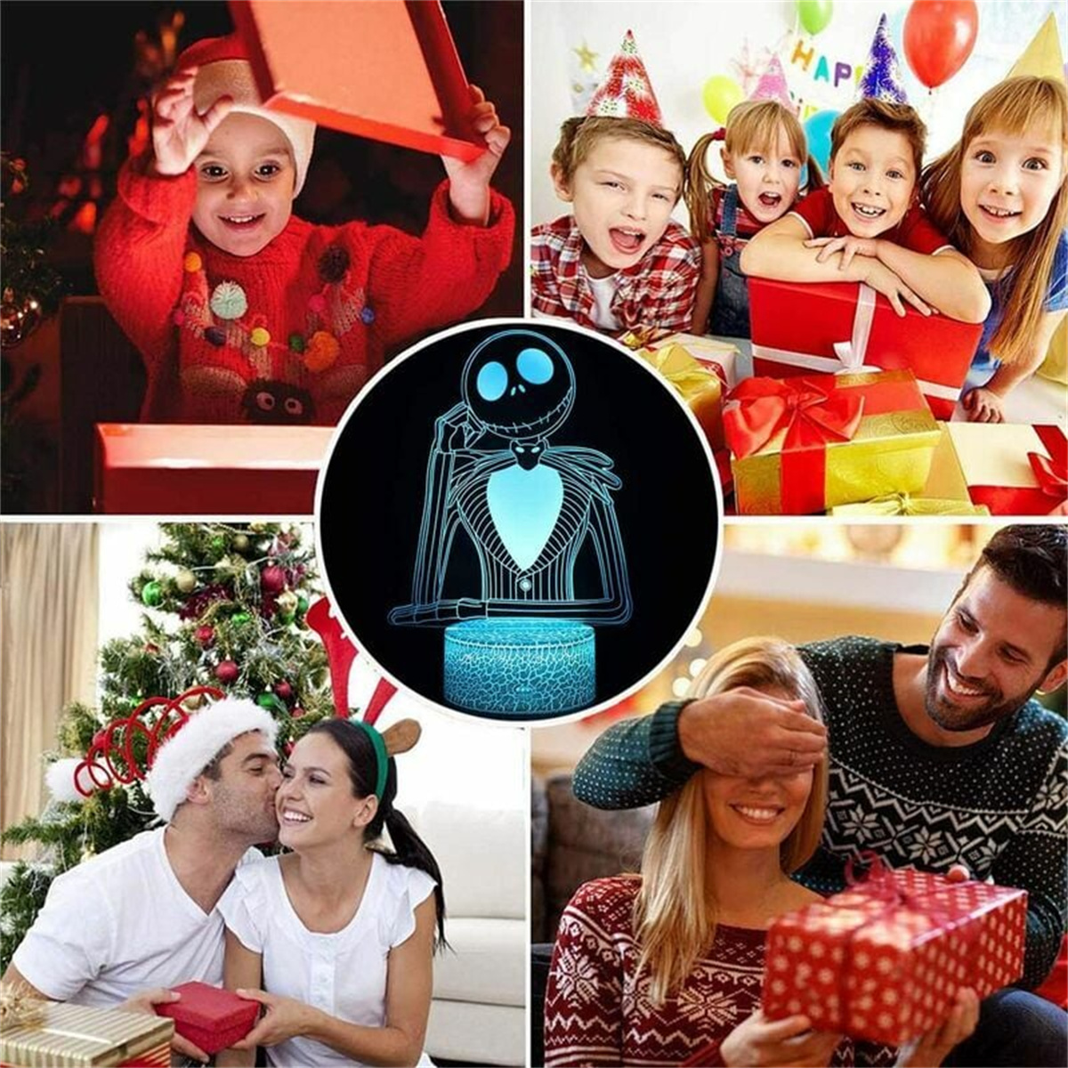 Mehrere Fotos von einer Familie, die Geschenke öffnet, und einem Jack Skellington Licht.