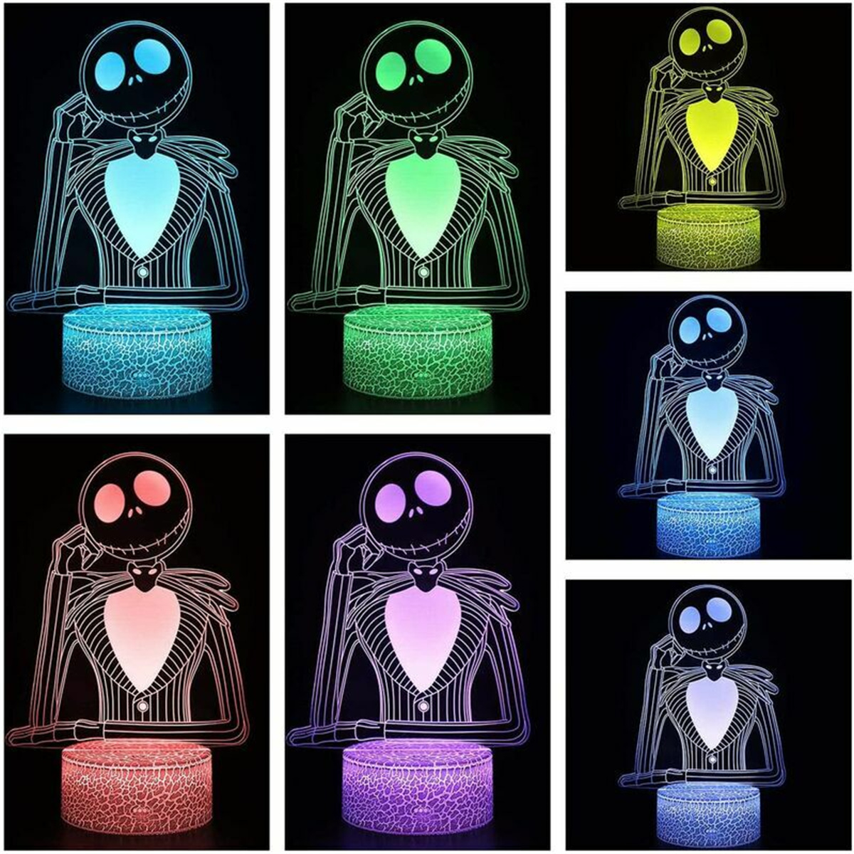 Eine Collage von Jack Skellington-Lampen in verschiedenen Farben. Die Lampen haben einen runden Sockel.