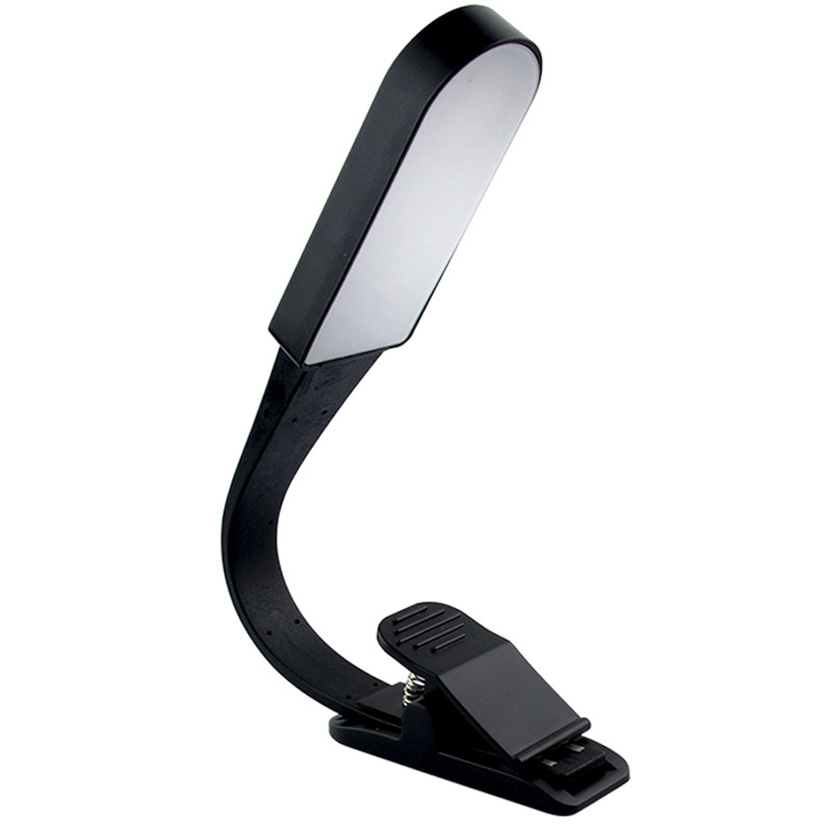 Schwarze, schwanenhalsförmige LED-Leselampe mit Clip-Basis.