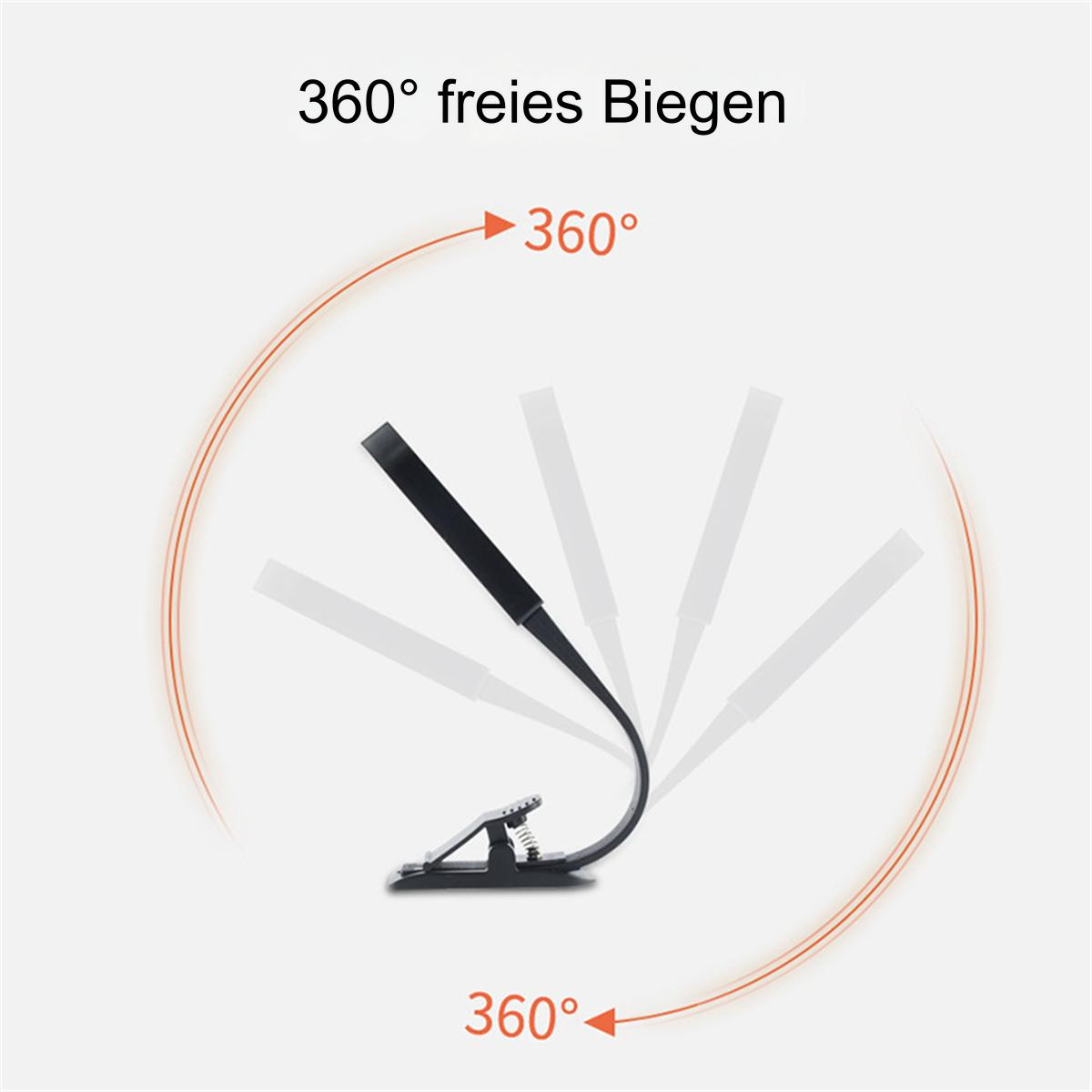 Eine schwarze, flexible Leselampe mit Clip. Pfeile zeigen 360 Grad Biegung.