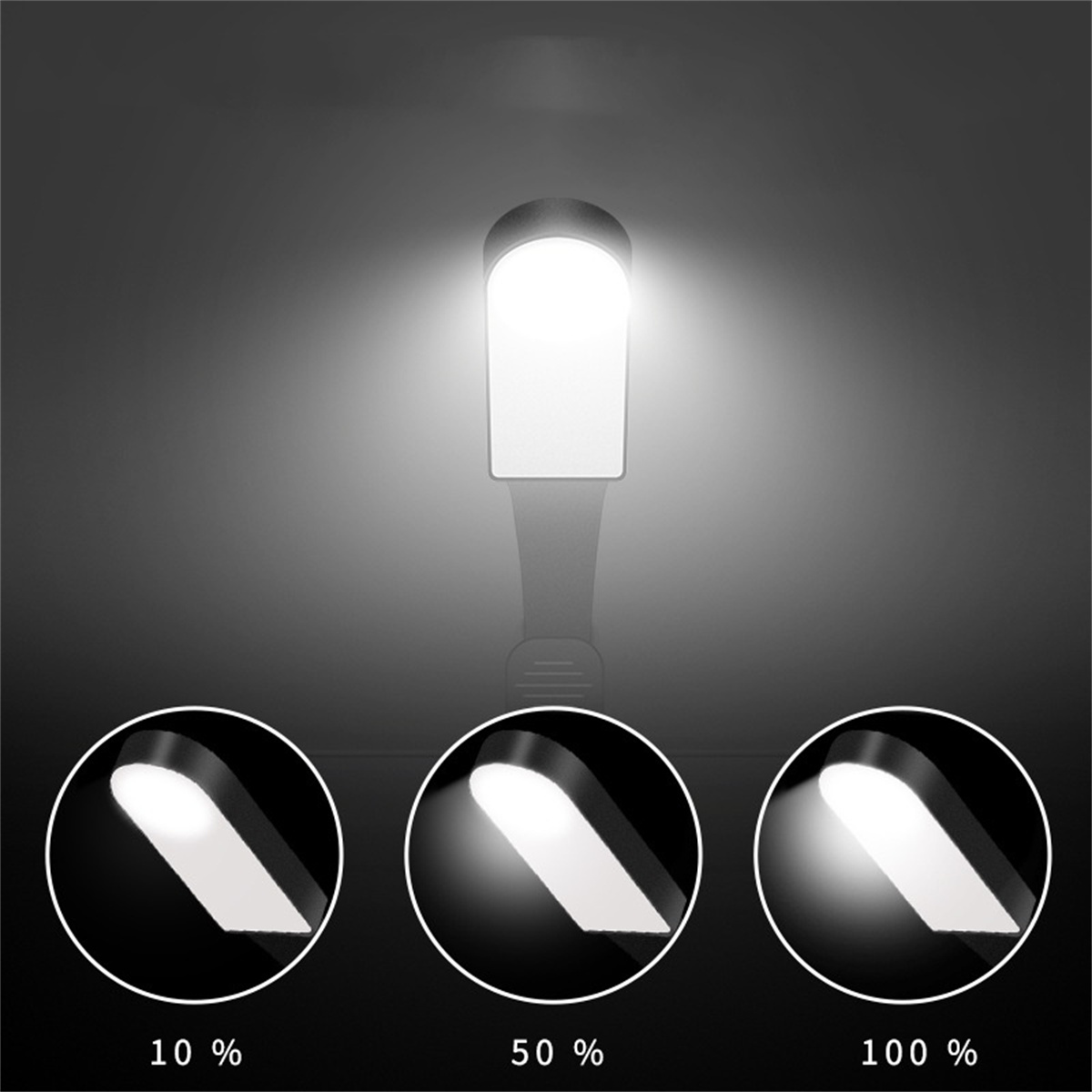 Eine weiße Klemm-Leselampe mit unterschiedlichen Lichtintensitäten. Drei Bilder zeigen Helligkeit.