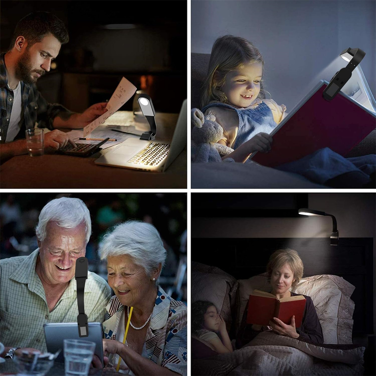 Vier Bilder zeigen Leselampen im Einsatz: auf einem Laptop, Buch, Tablet und einem Buch.