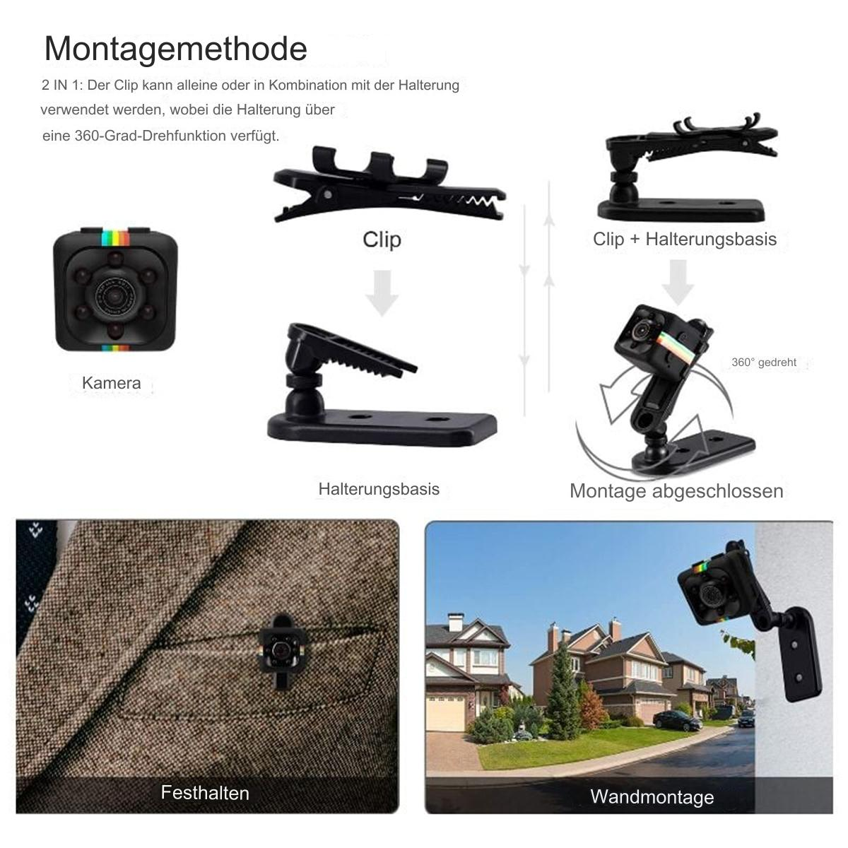 Mini-Kamera mit Clip und Ständer, an Kleidung und Wand befestigt. 360° Drehung.