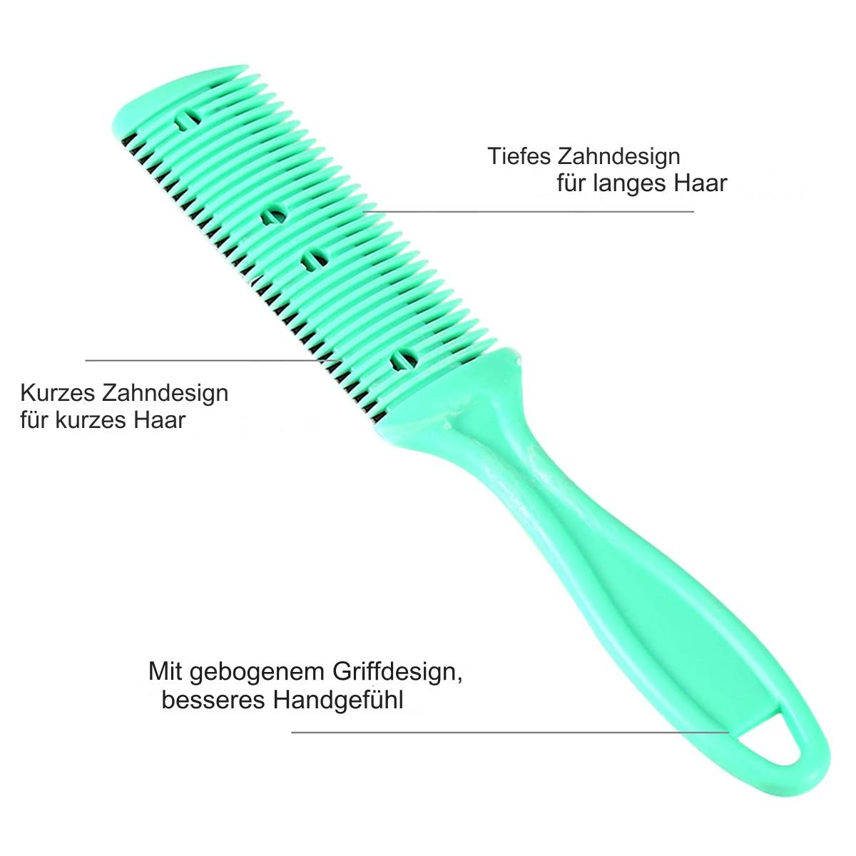 Grüner Haarkamm mit Zähnen für kurzes und langes Haar. Text beschreibt Merkmale.
