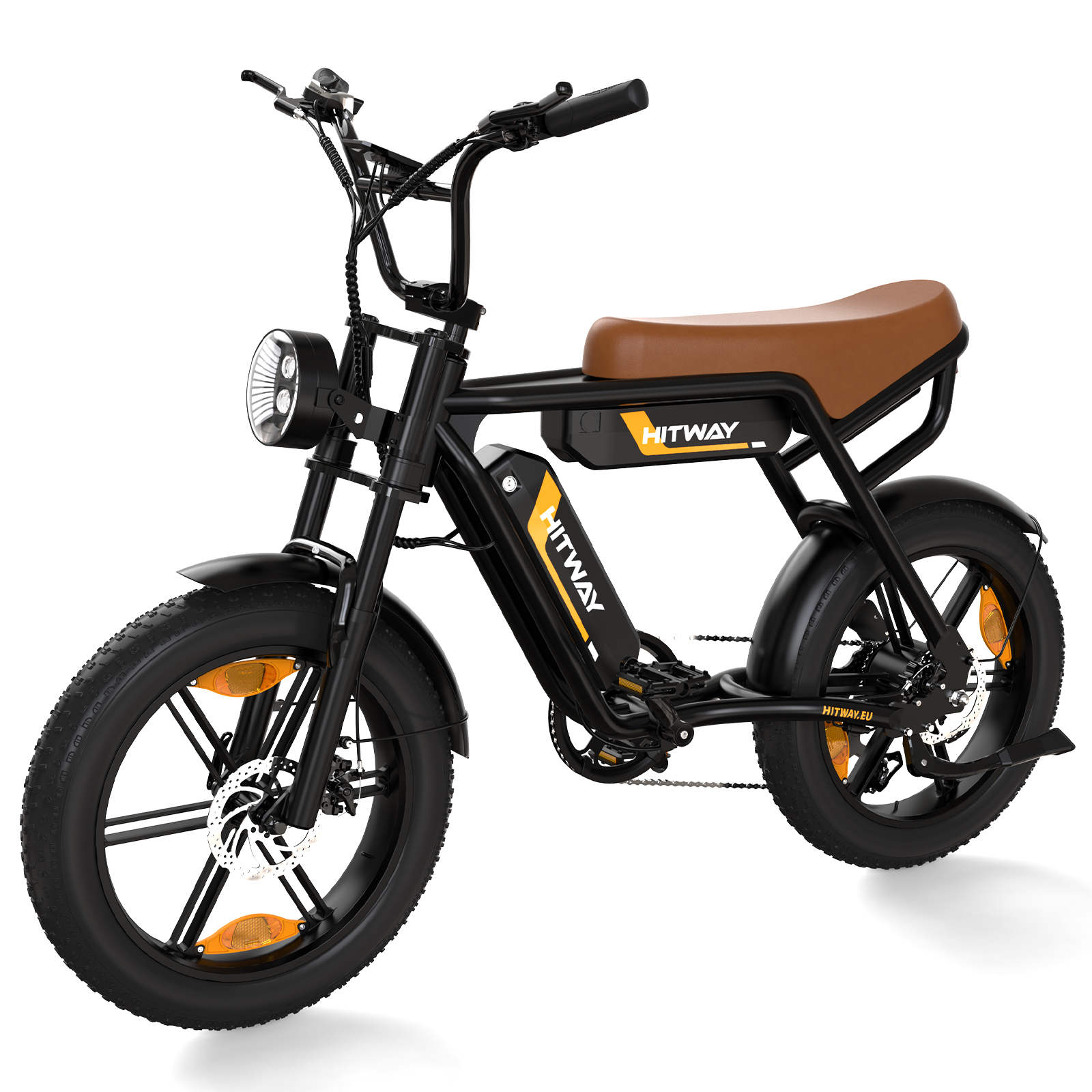 Schwarz-braunes Elektrofahrrad mit gelben Akzenten. Es hat Scheinwerfer und braunen Sitz.