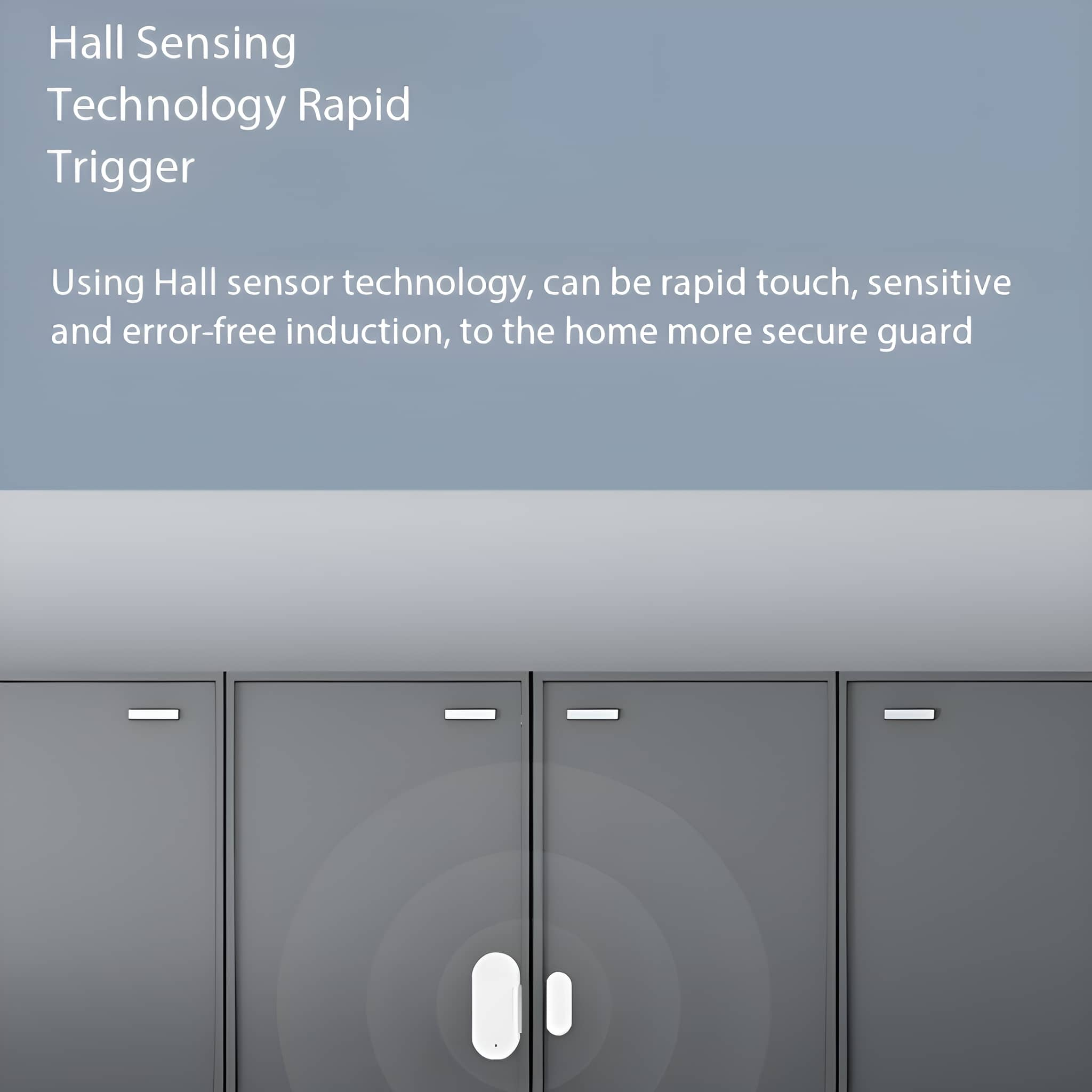 Türsensor mit Text. Weißer Sensor an geschlossenen grauen Türen mit blauem Hintergrund.