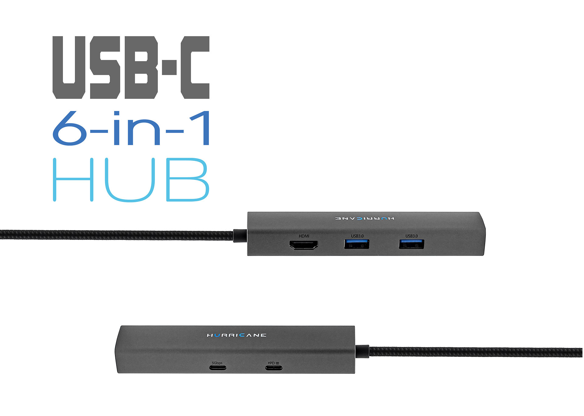 Ein silberner USB-C 6-in-1-Hub mit Anschlüssen HDMI und USB-A. Der Hub hat ein schwarzes Kabel.