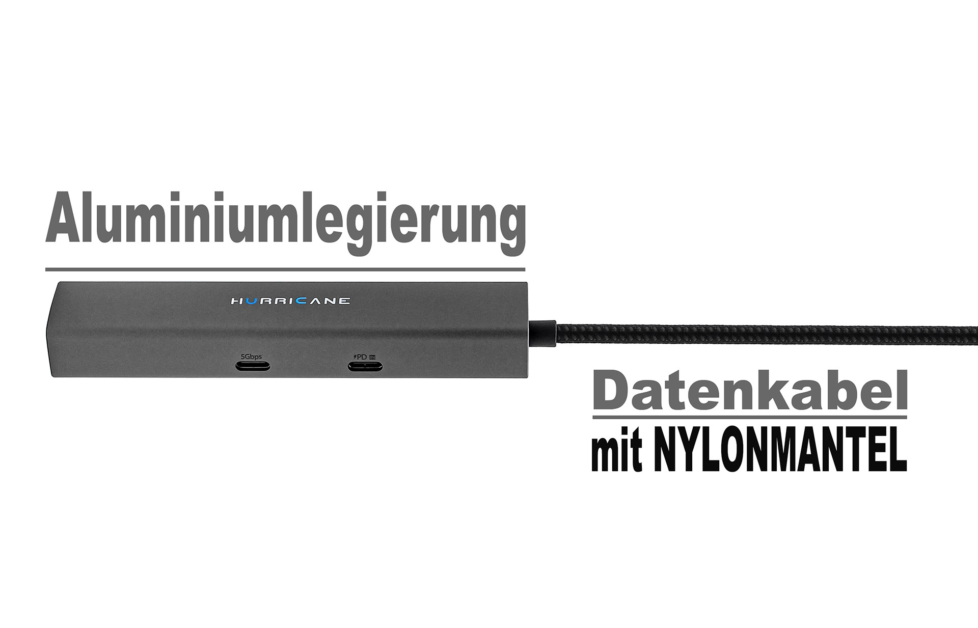 Ein grauer USB-C-Hub mit dem Text "Aluminiumlegierung" und "Datenkabel mit NYLONMANTEL".