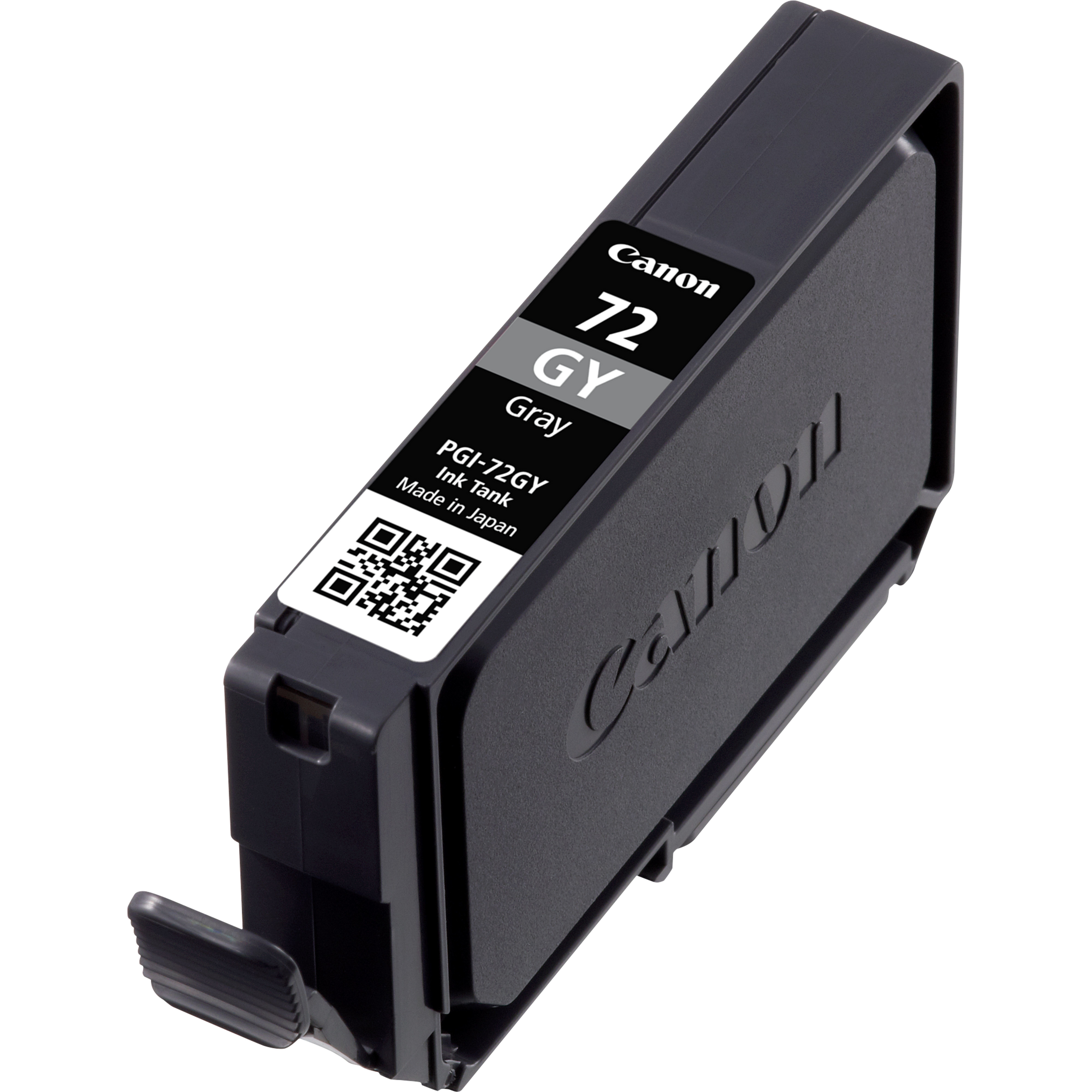 Cartuccia d'inchiostro Canon etichettata '72 GY Gray', con codice QR e logo Canon, custodia nera.