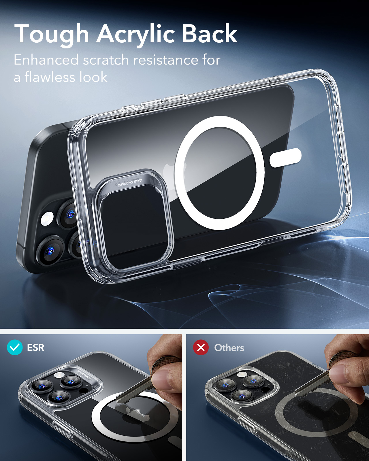 Une coque de téléphone transparente avec anneau magnétique, résistante aux rayures.