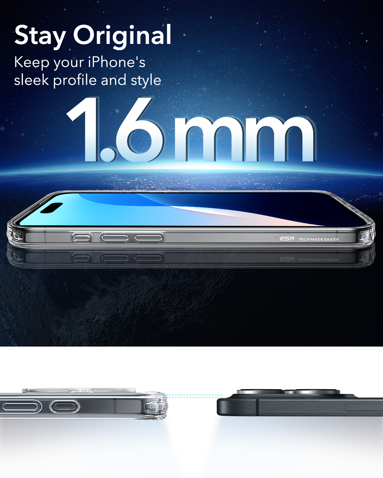 Coque de téléphone transparente sur un téléphone. Texte : 'Stay Original', '1,6 mm'.