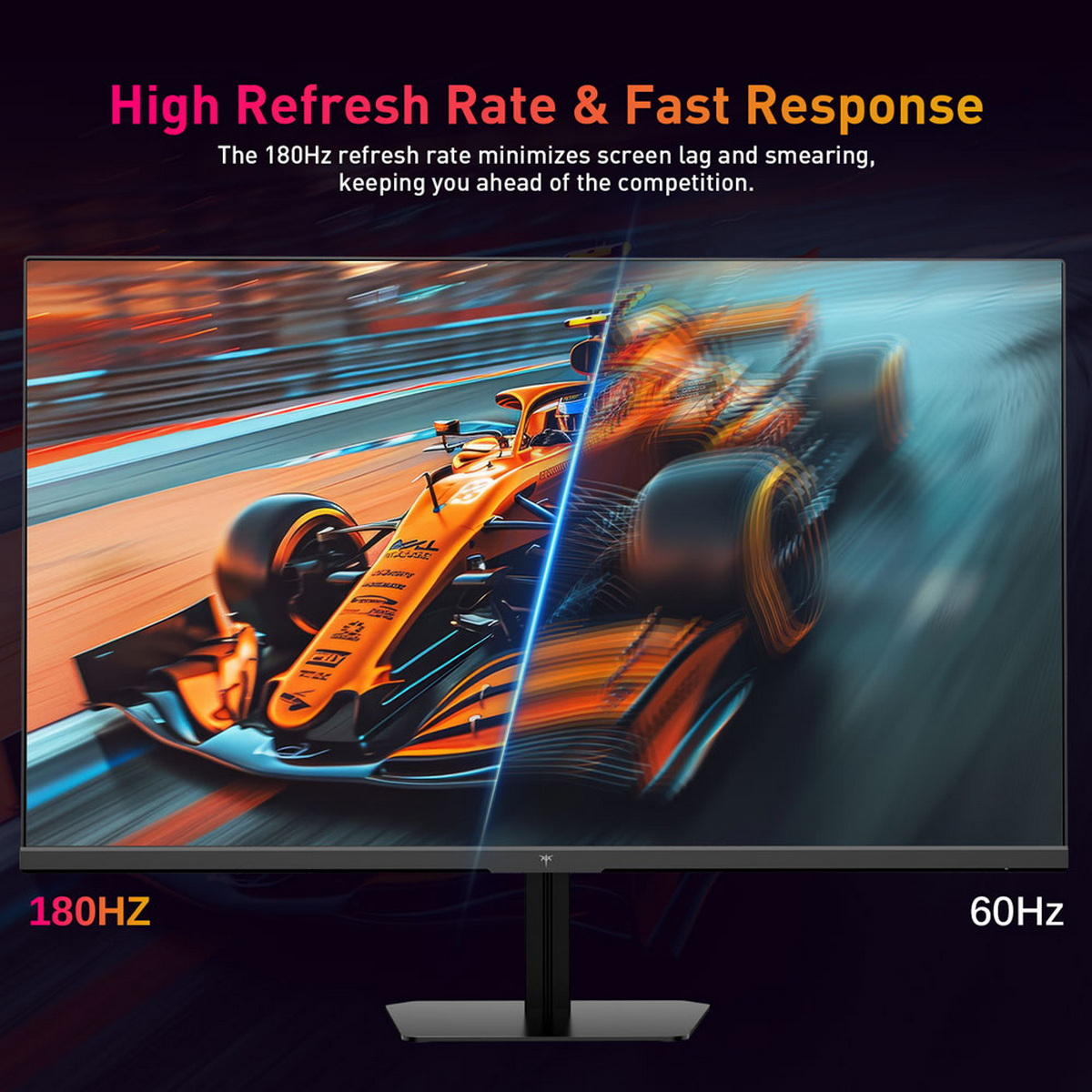 Monitor wyświetla pomarańczowy samochód wyścigowy po lewej stronie, z etykietami 180Hz i 60Hz. Tekst: Wysoka częstotliwość odświeżania i szybka reakcja.