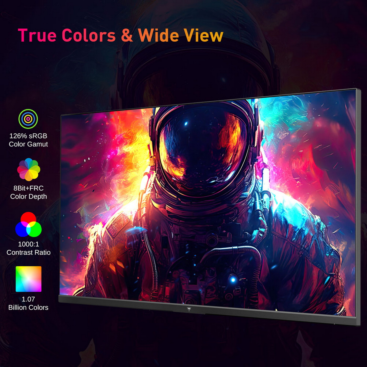 Astronauta w skafandrze kosmicznym, z kolorowym wyświetlaczem pokazującym specyfikacje koloru i kontrastu.