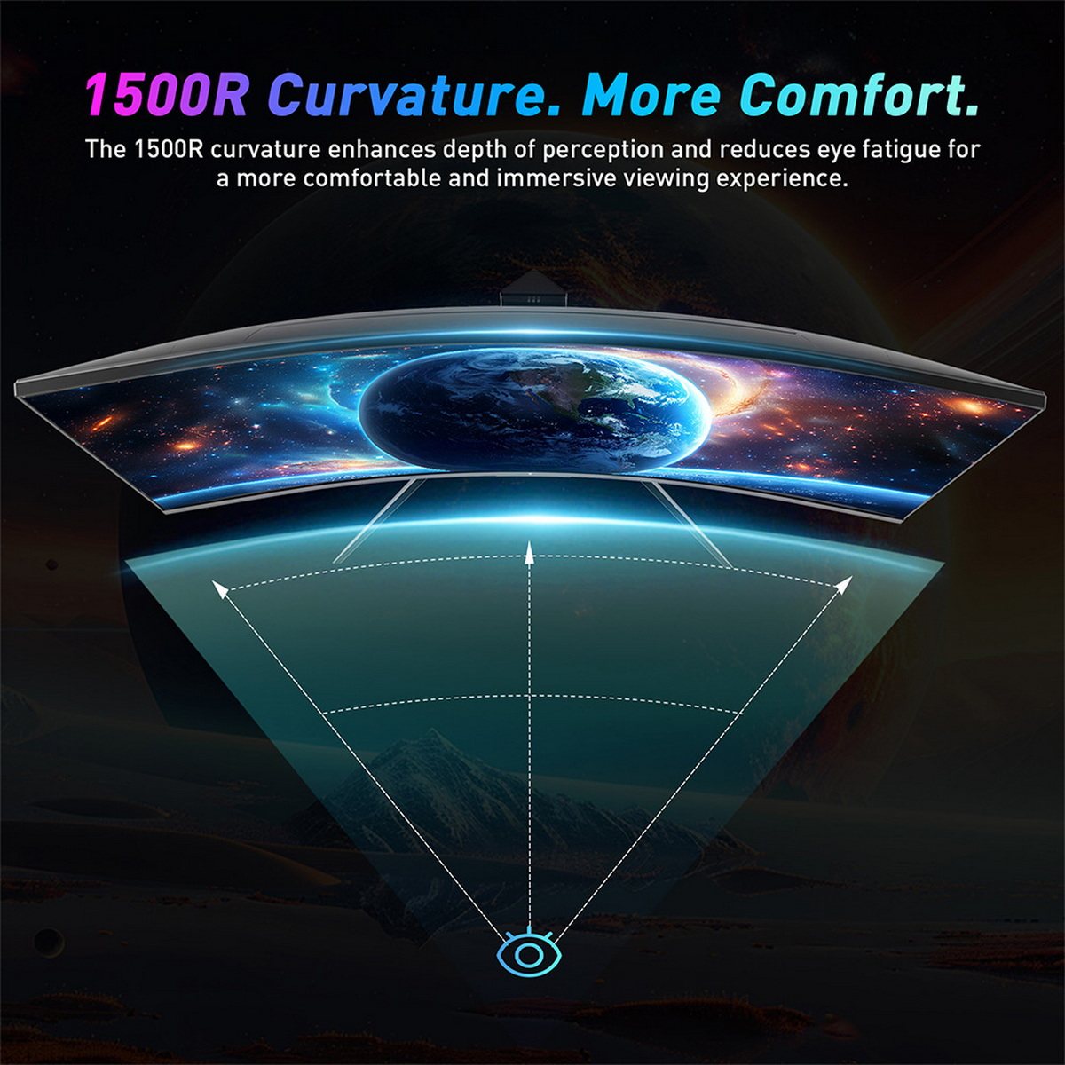 Zakrzywiony monitor wyświetlający scenę kosmiczną z tekstem '1500R Curvature. More Comfort'.
