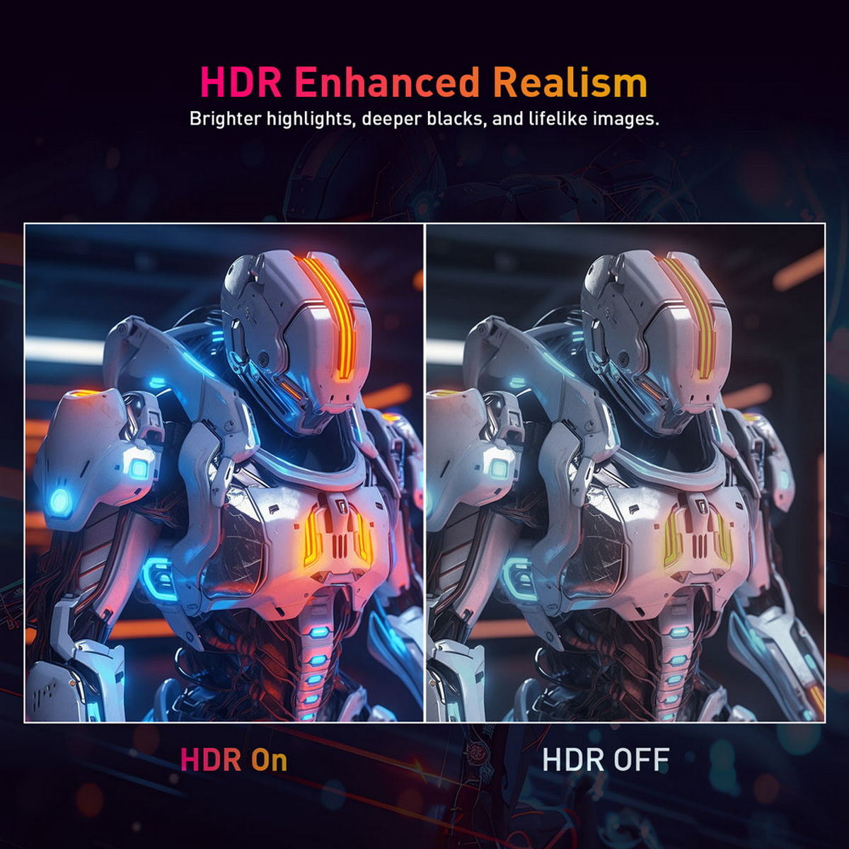Obraz pokazuje porównanie HDR włączone/wyłączone futurystycznego robota. Tekst mówi, że HDR poprawia realizm.