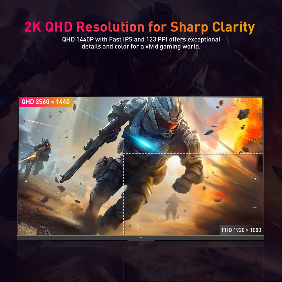 Ekran wyświetlający scenę z gry wideo z tekstem i szczegółami rozdzielczości.