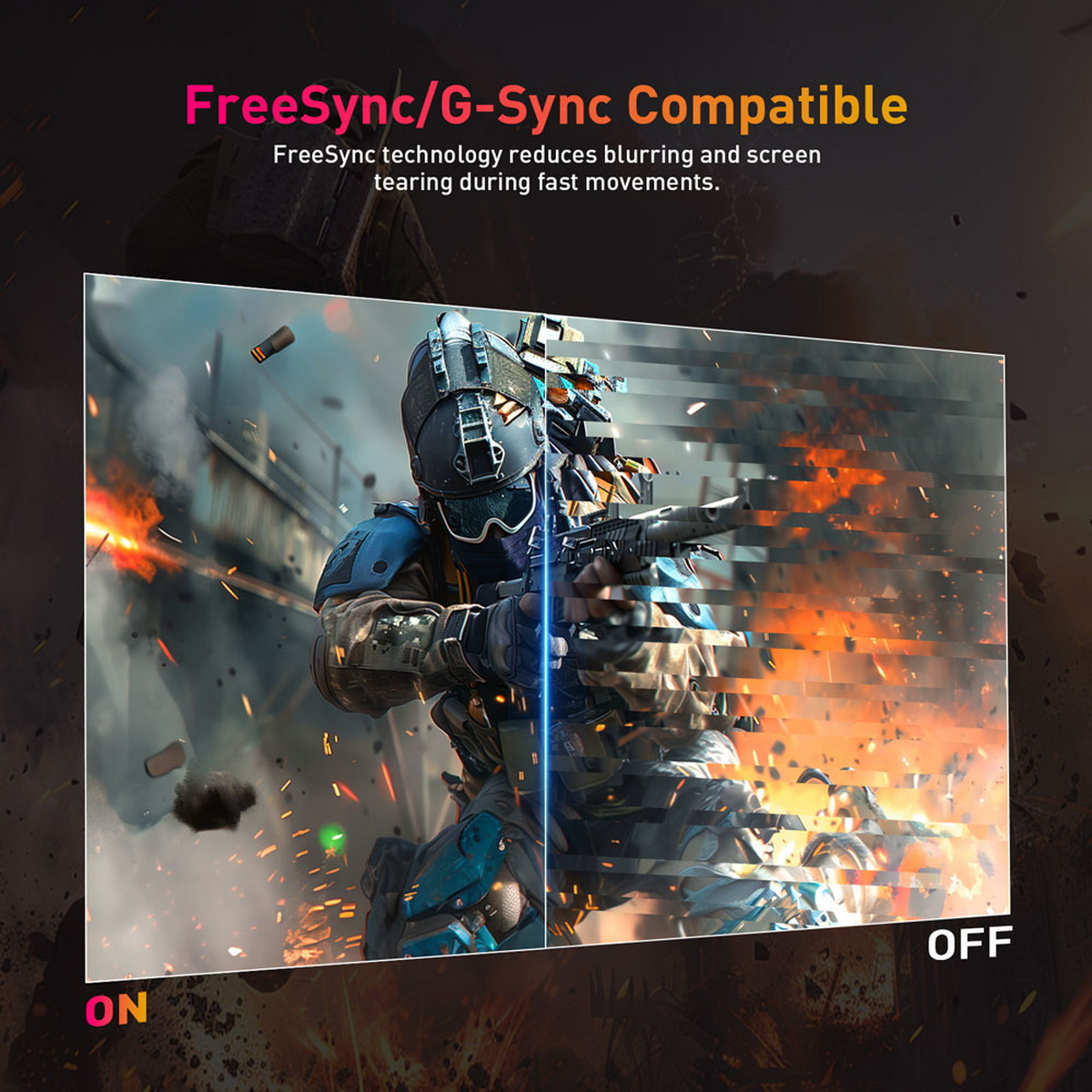 Ekran z sceną z gry z opcjami WŁ. i WYŁ., z tekstem FreeSync/G-Sync.