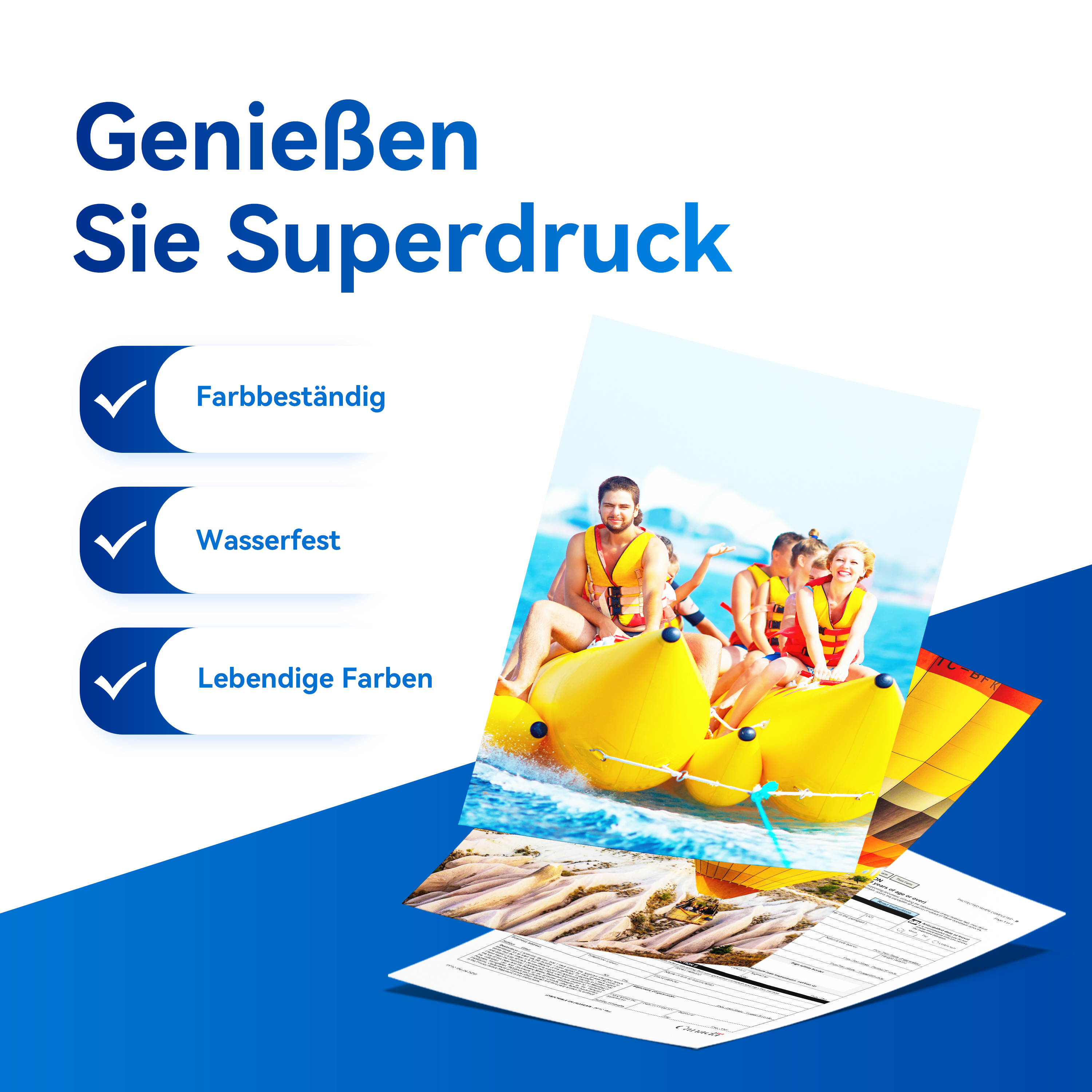 Menschen auf einem Bananenboot auf dem Wasser. Text sagt "Genießen Sie Superdruck" und hat Häkchen.
