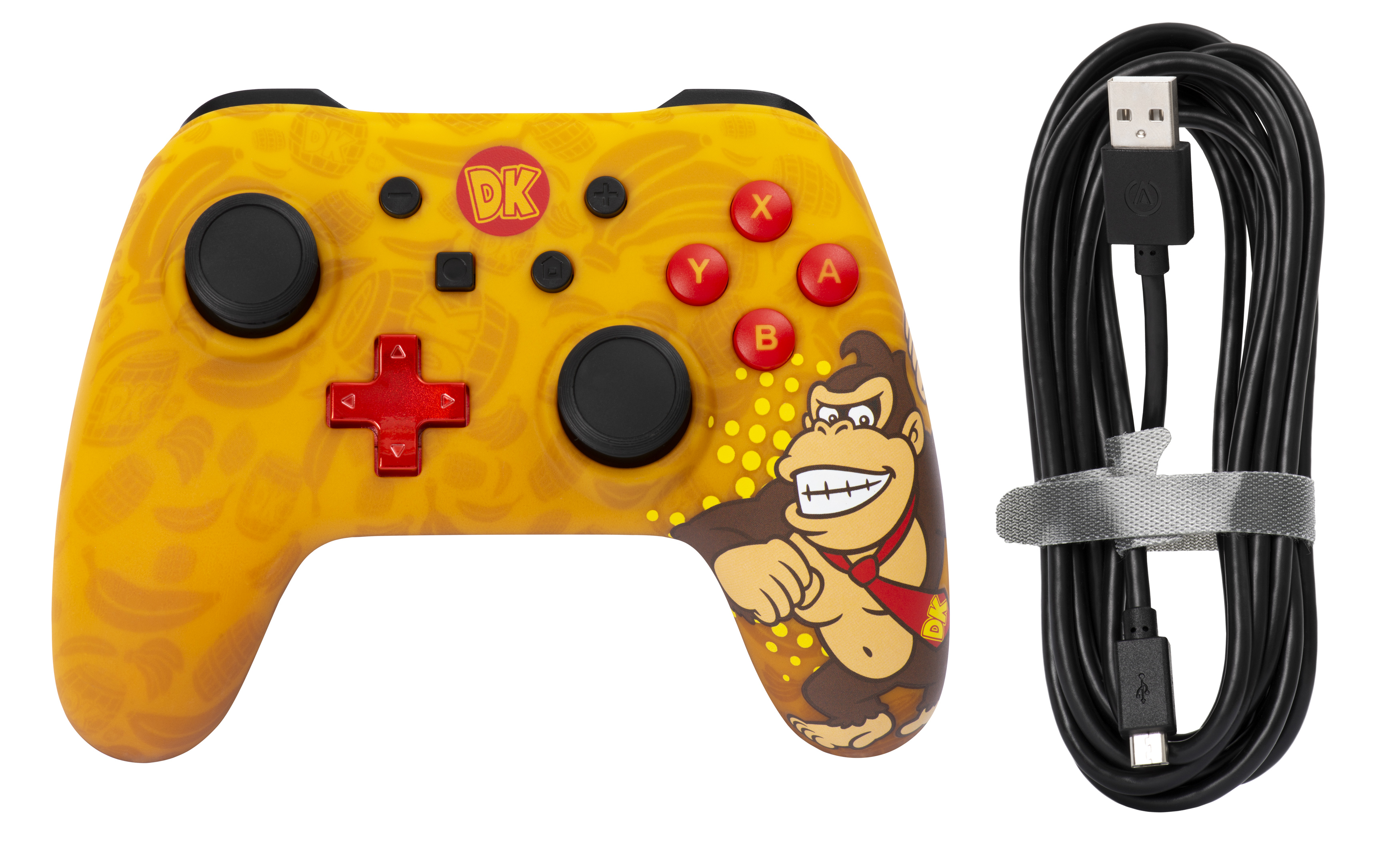 Żółty kontroler Donkey Kong z kablem. Kontroler ma logo DK i wzory bananów.