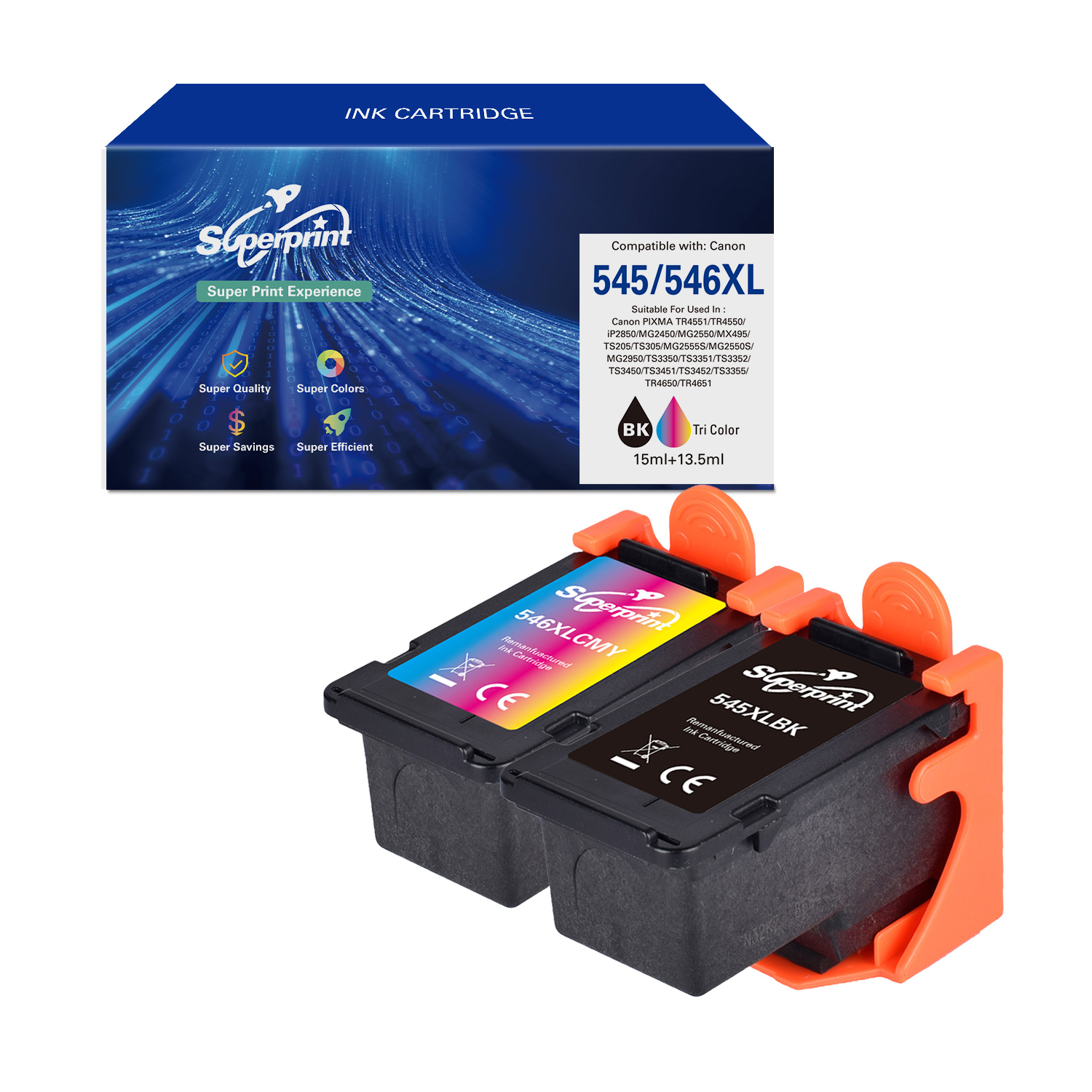 Inktcartridges en doos op wit. Doos met 'Superprint', cartridges met kleurlabels.