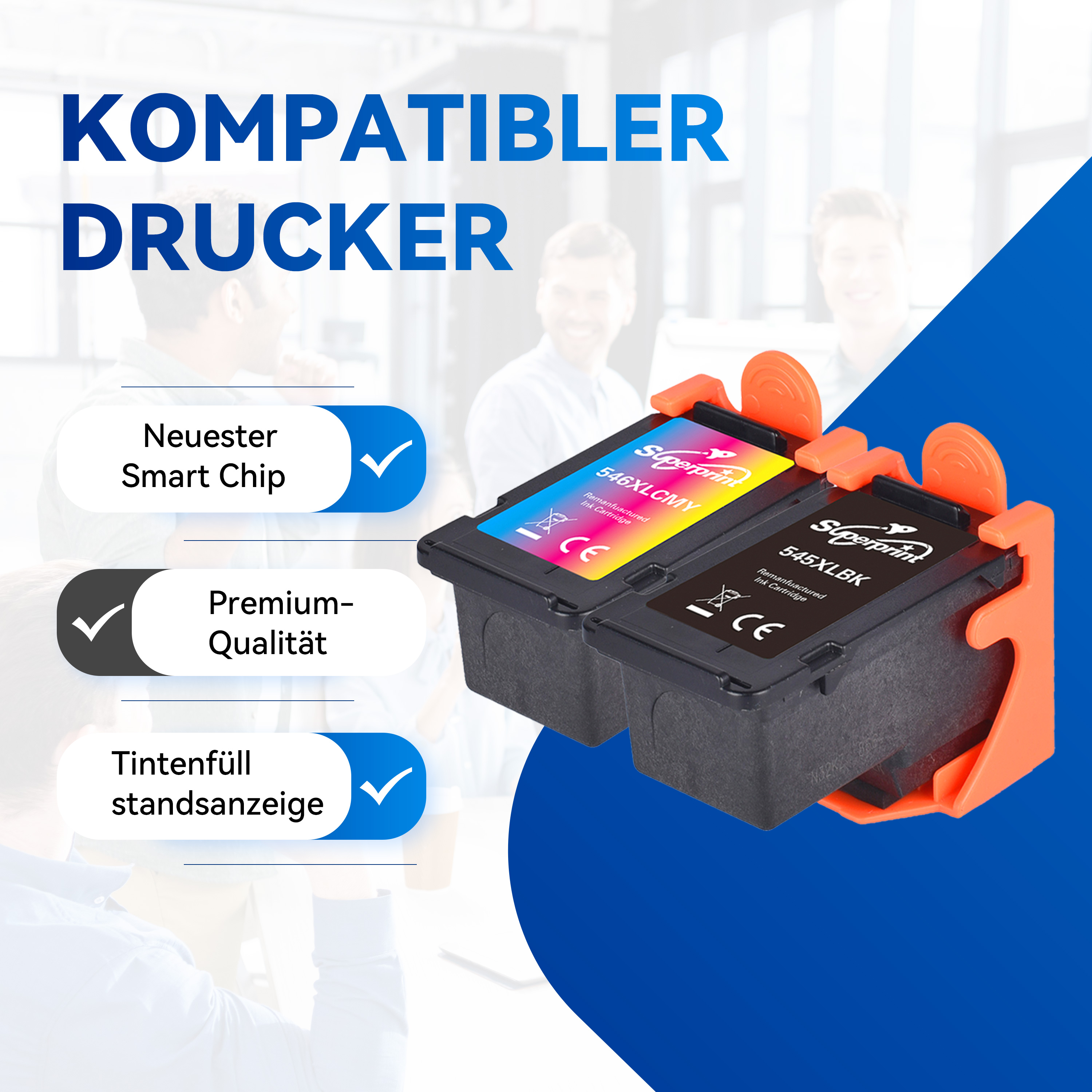 Inktcartridges in een houder. Er worden twee cartridges getoond: cyaan-magenta-geel en zwart.