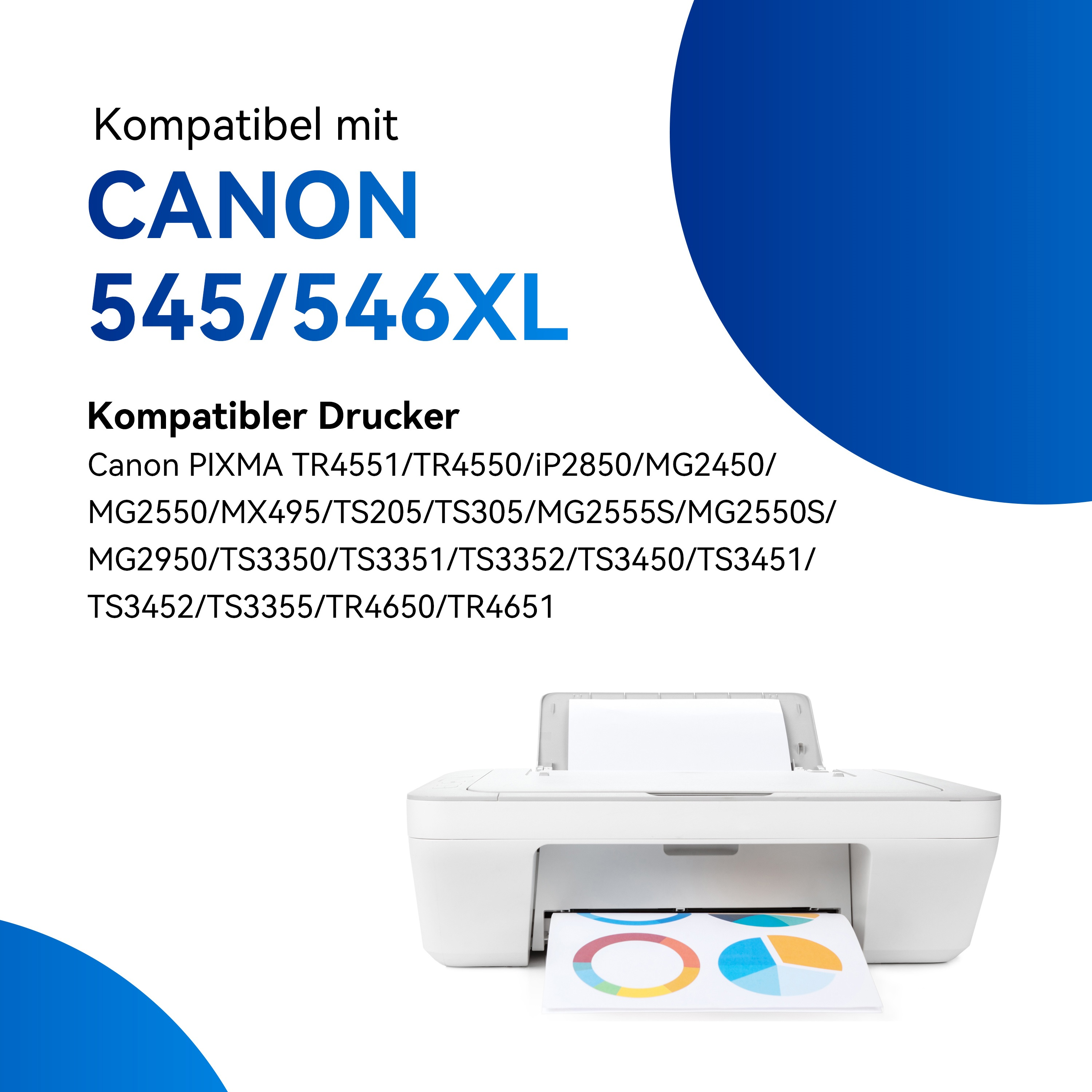 Witte printer met een kleurrijk bedrukt vel. Tekst geeft compatibiliteit met Canon 545/546XL aan.