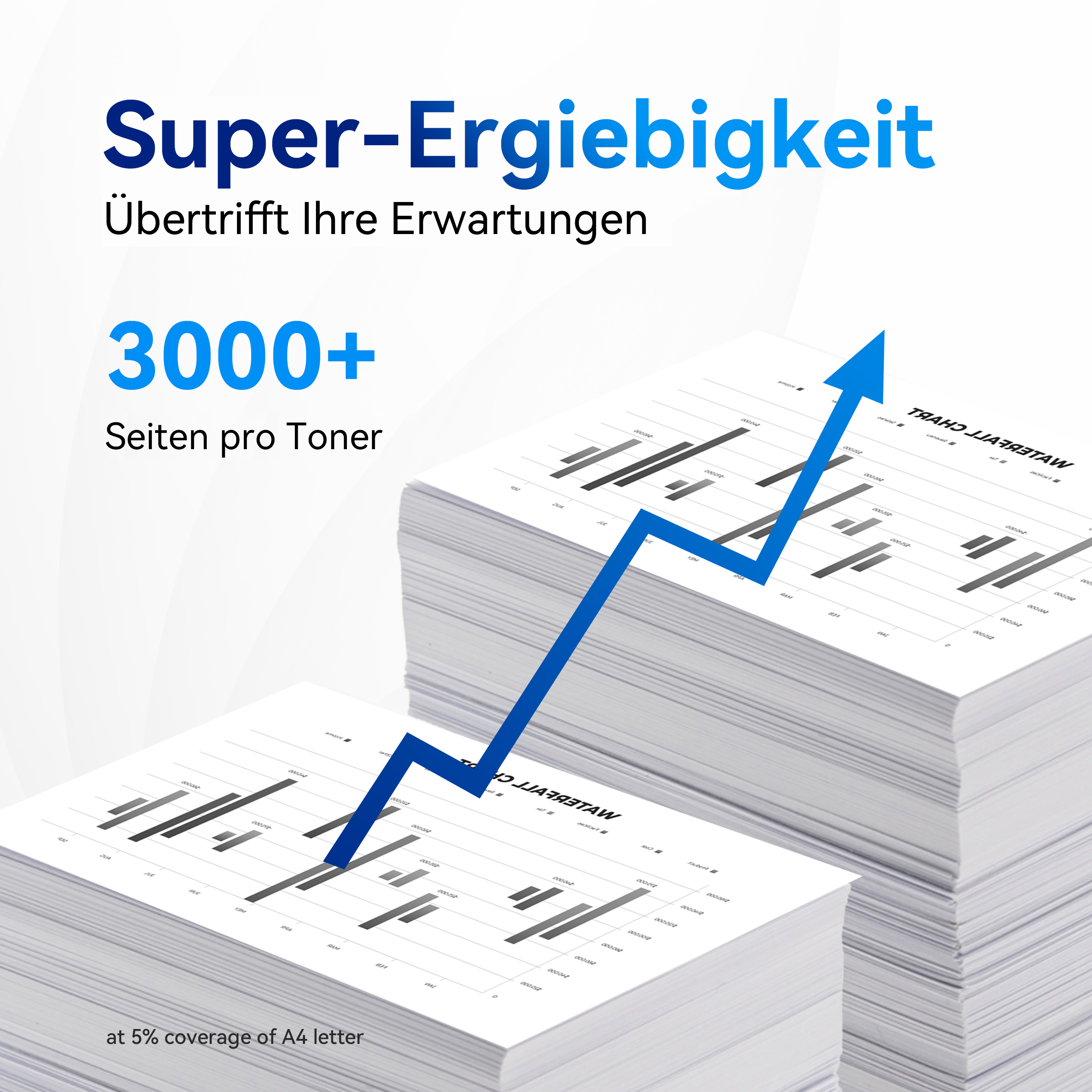 Papierstapel mit blauem Pfeil nach oben. Text: Super-Ergiebigkeit, 3000+ Seiten pro Toner.