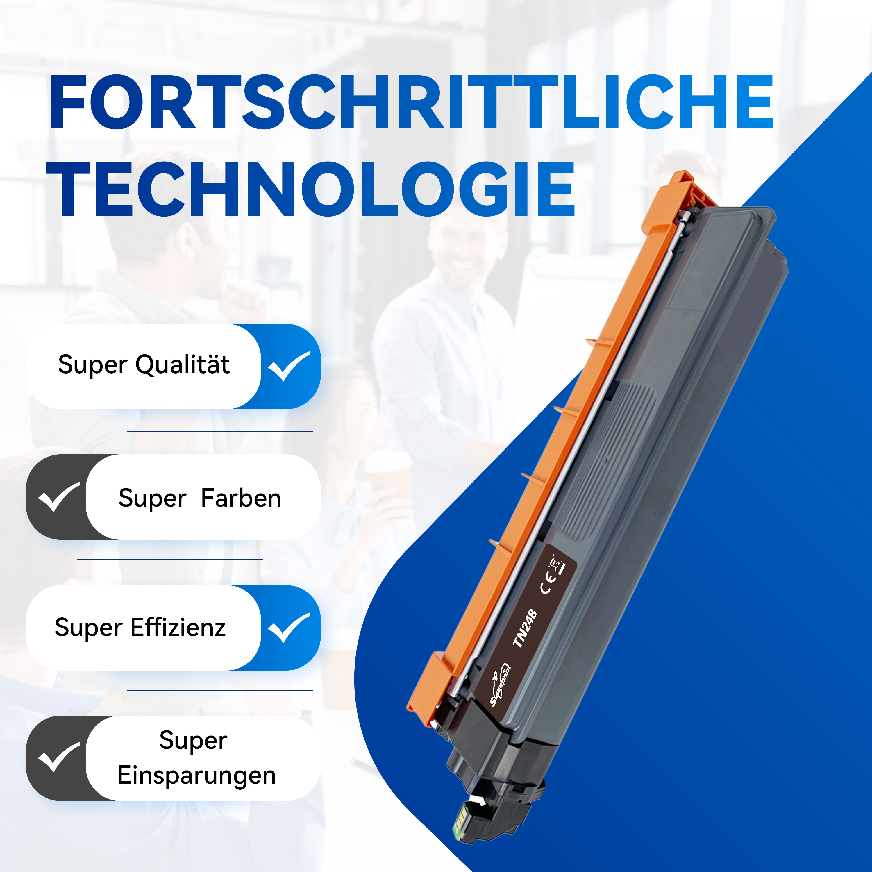Een printerinktcartridge met vinkjes en tekst die kwaliteit, kleur, efficiëntie en besparingen aangeeft.