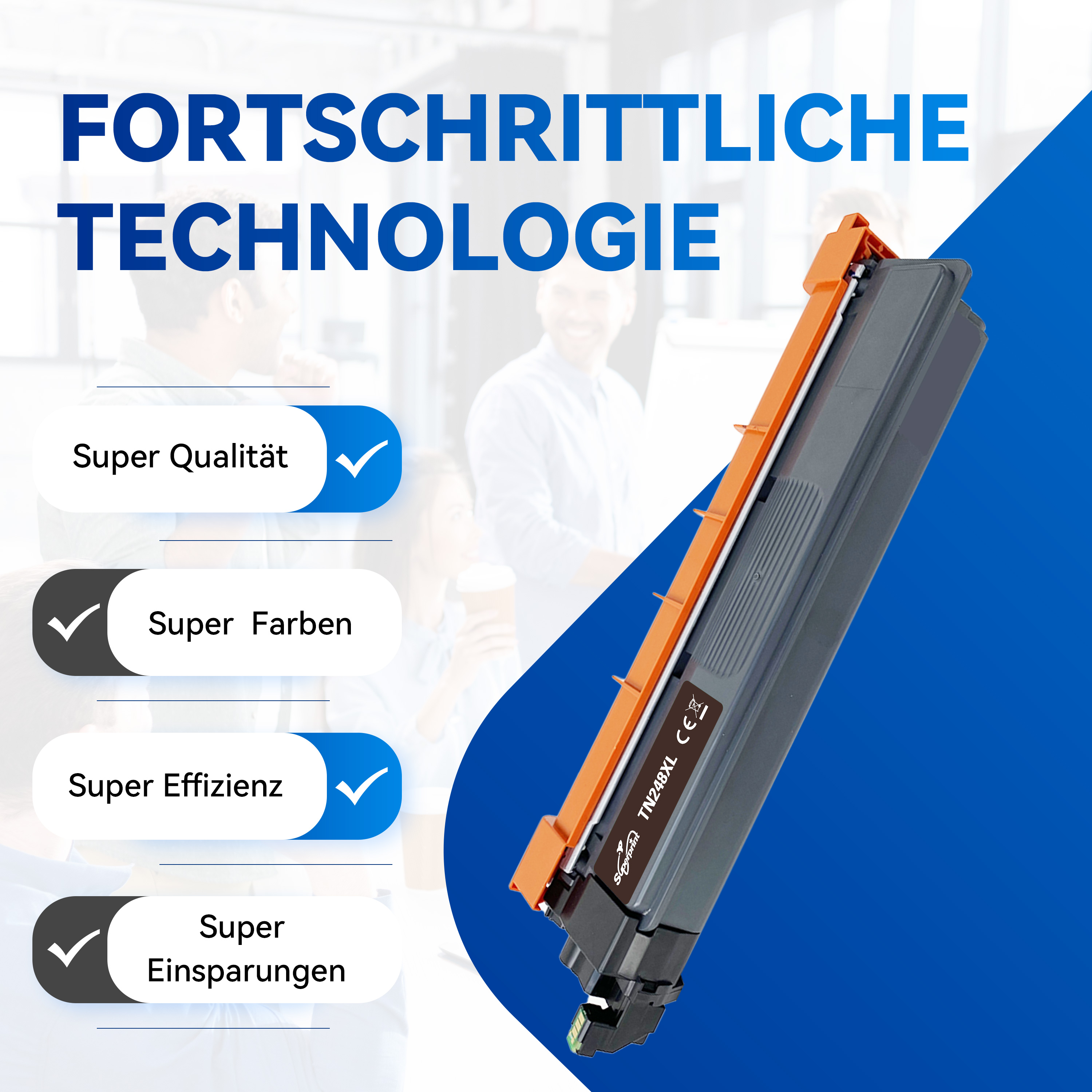 Eine Druckerpatrone auf blauem Hintergrund mit Häkchen und Text, der 'Super Qualität, Super Farben, Super Effizienz' sagt.
