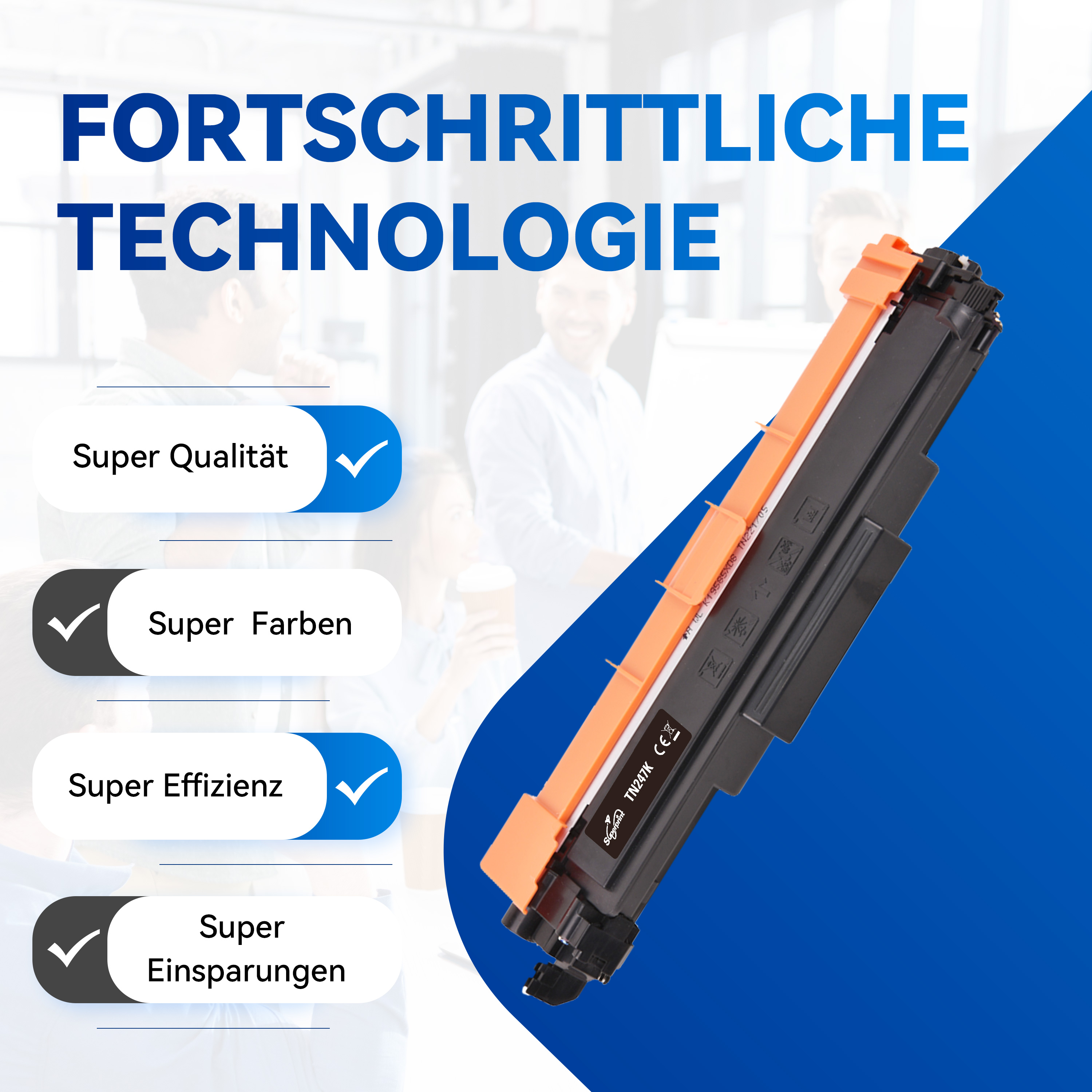 Schwarz-orange Tintenpatrone mit blauem Hintergrund und deutschem Text.