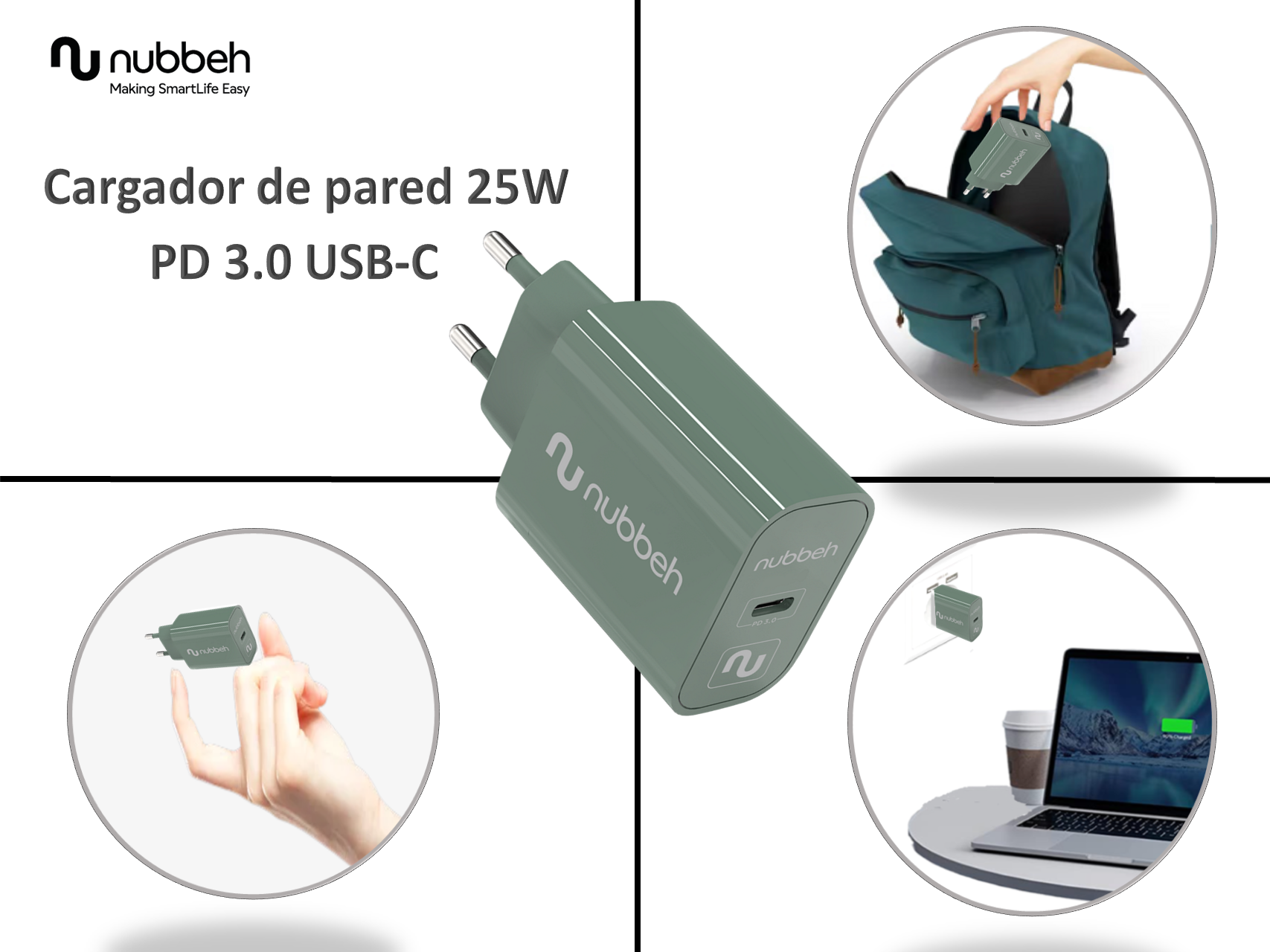 Cargador de pared verde con puerto USB-C, mostrado en diferentes contextos.