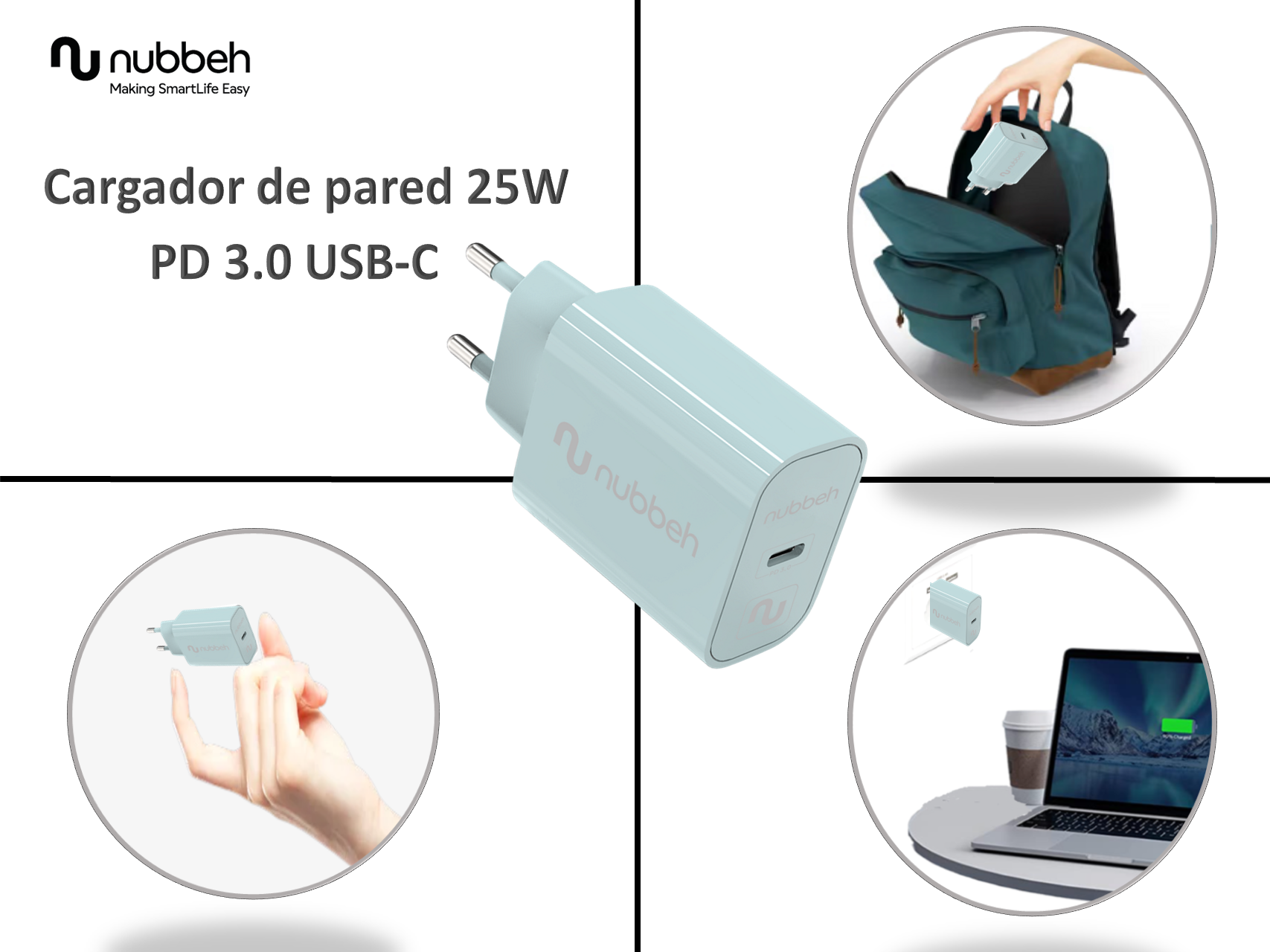 Un cargador de pared blanco y azul con un puerto USB-C, mostrado con elementos como una mochila y un portátil.