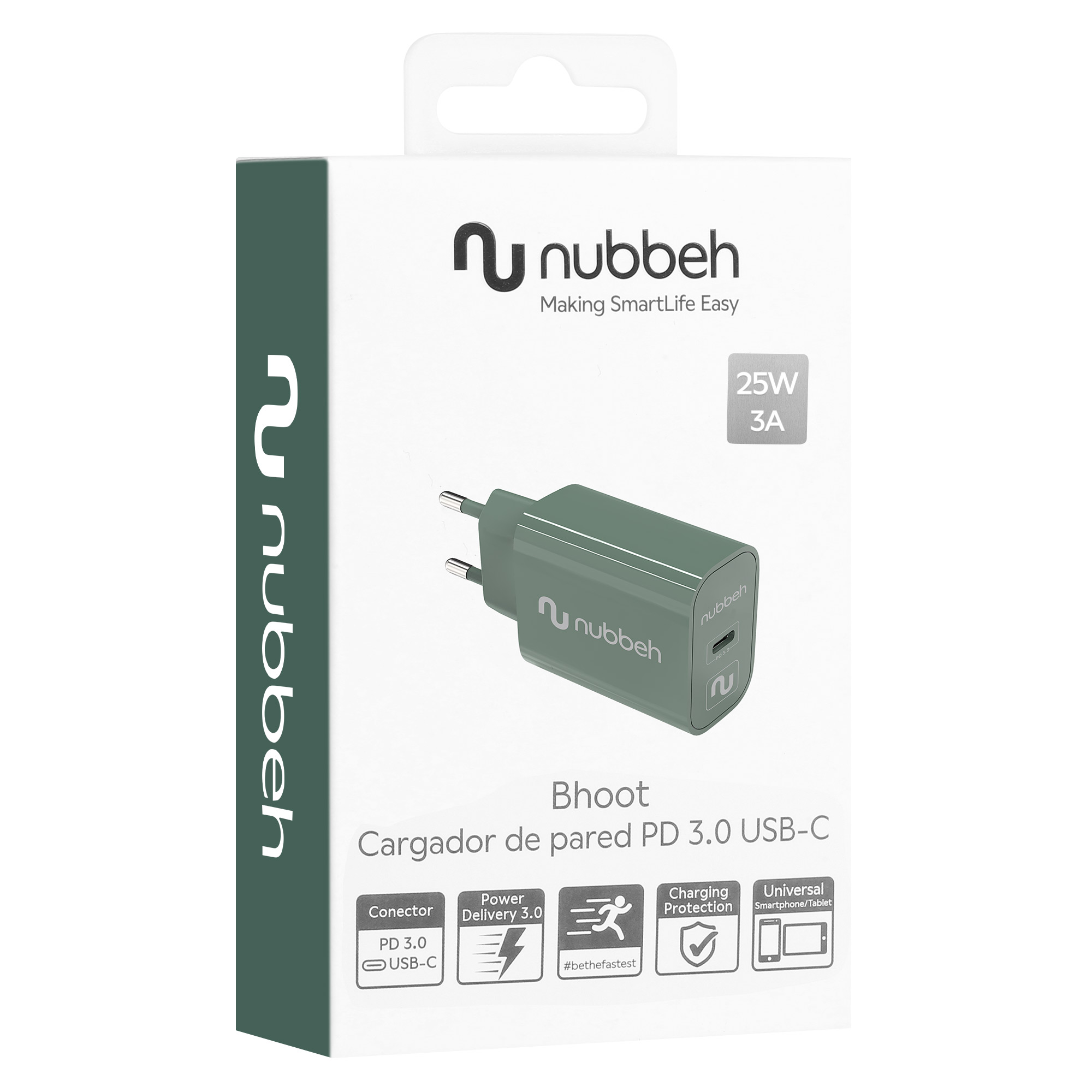 Caja del cargador de pared nubbeh verde y blanco. Texto: haciendo la vida inteligente fácil. 25W 3A.