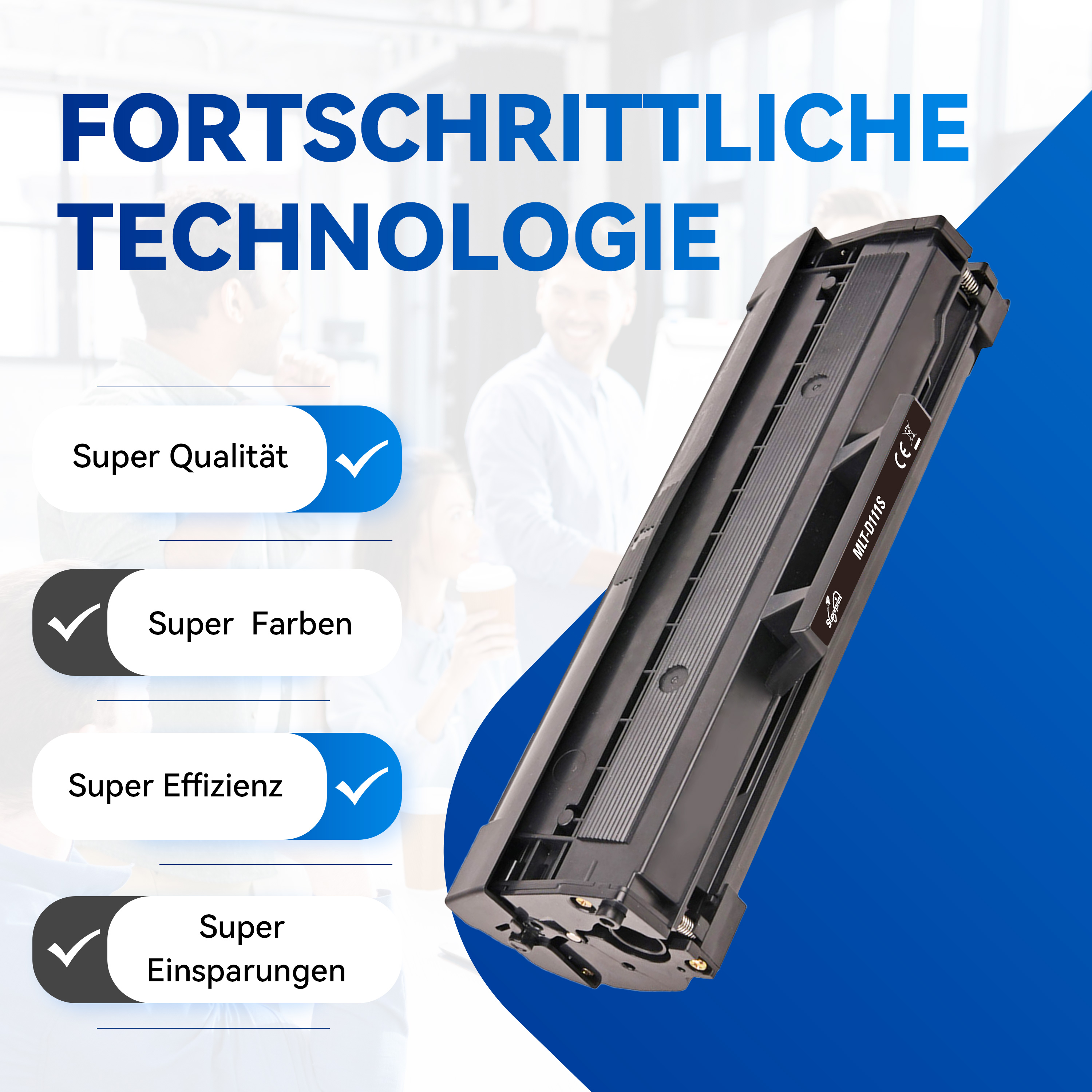 Een zwarte printertonercartridge met vinkjes en tekst over kwaliteit.