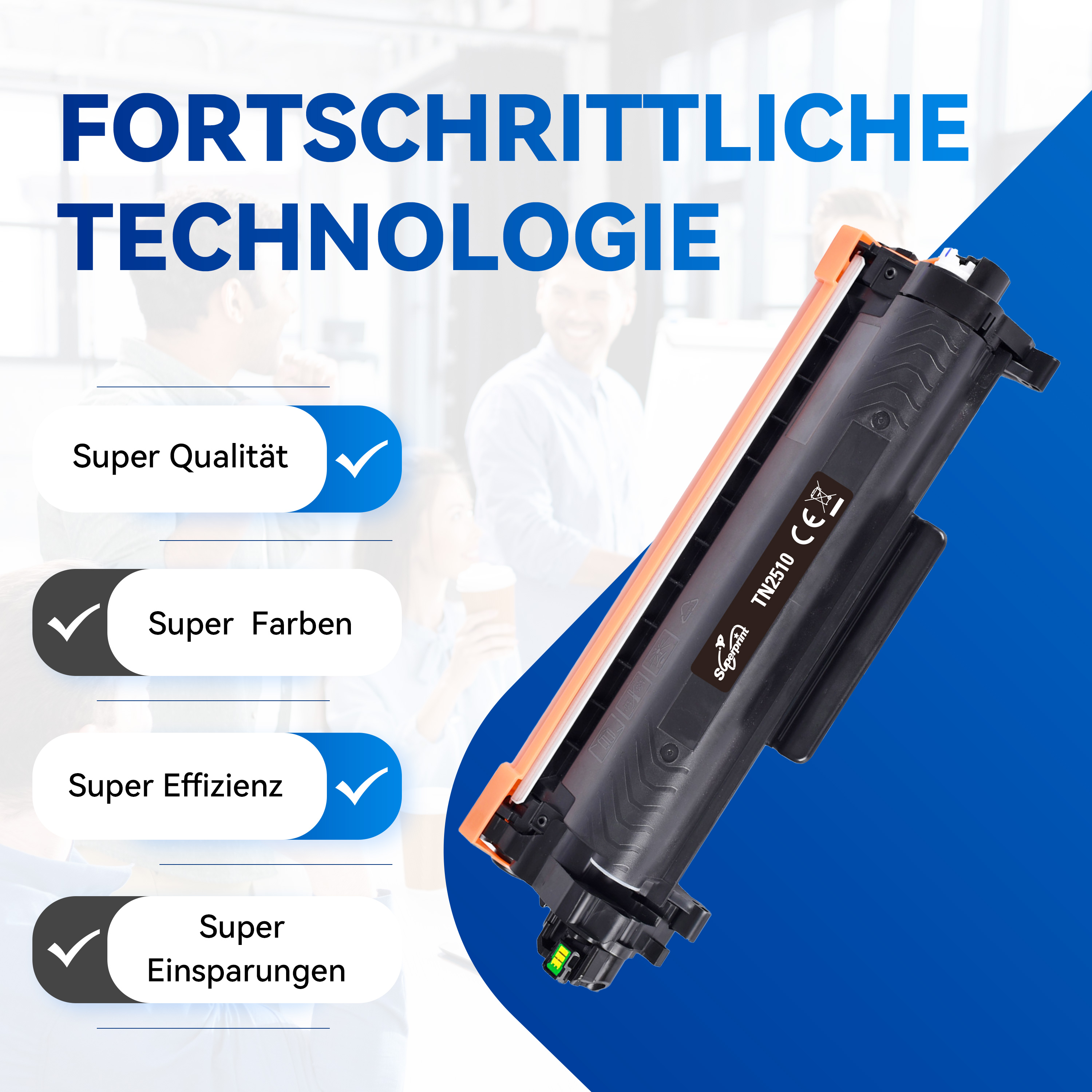 Tonercartridge met oranje en zwarte kleuren, tekstlabels.