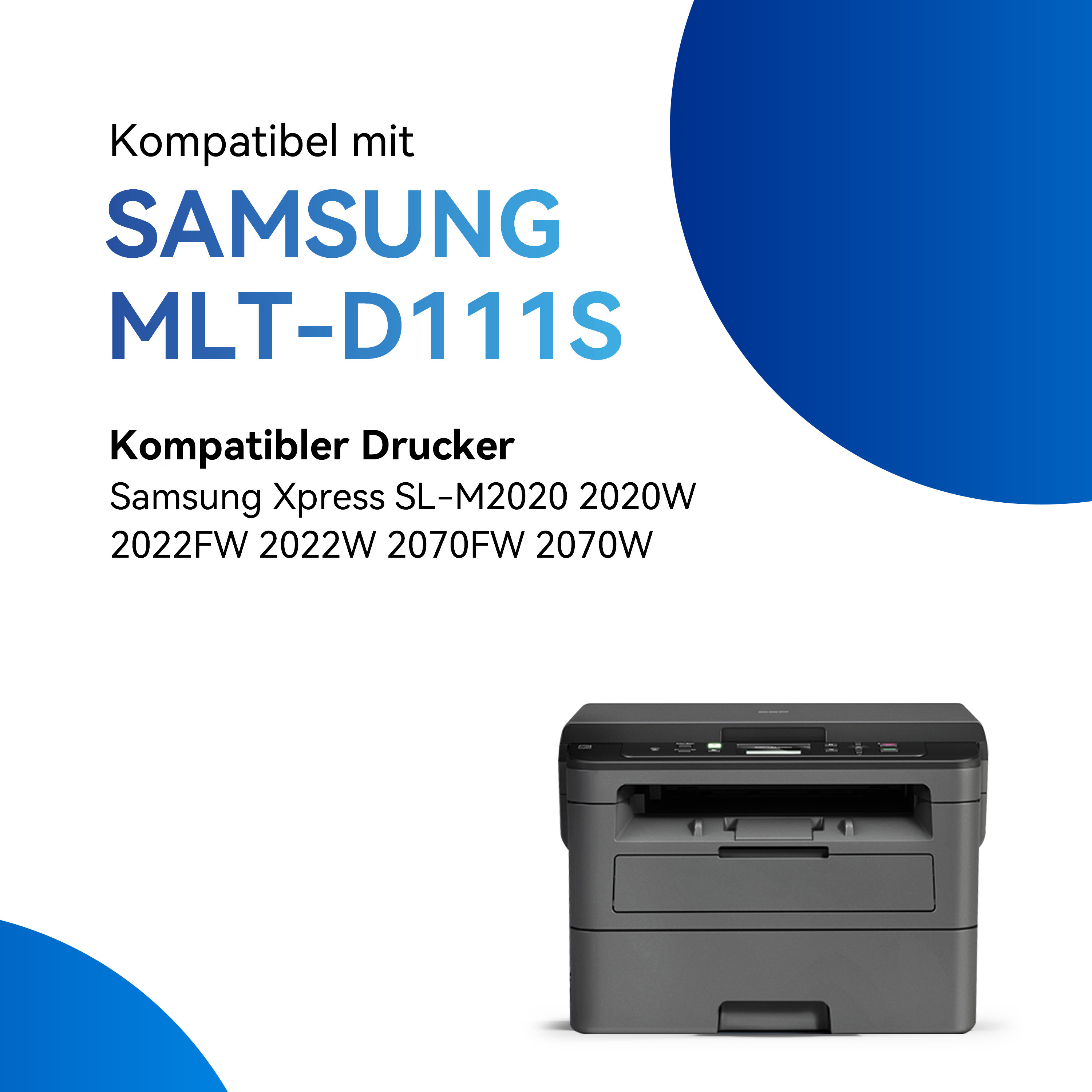 Zwarte printer met de woorden "SAMSUNG MLT-D111S" erboven, op een witte achtergrond.