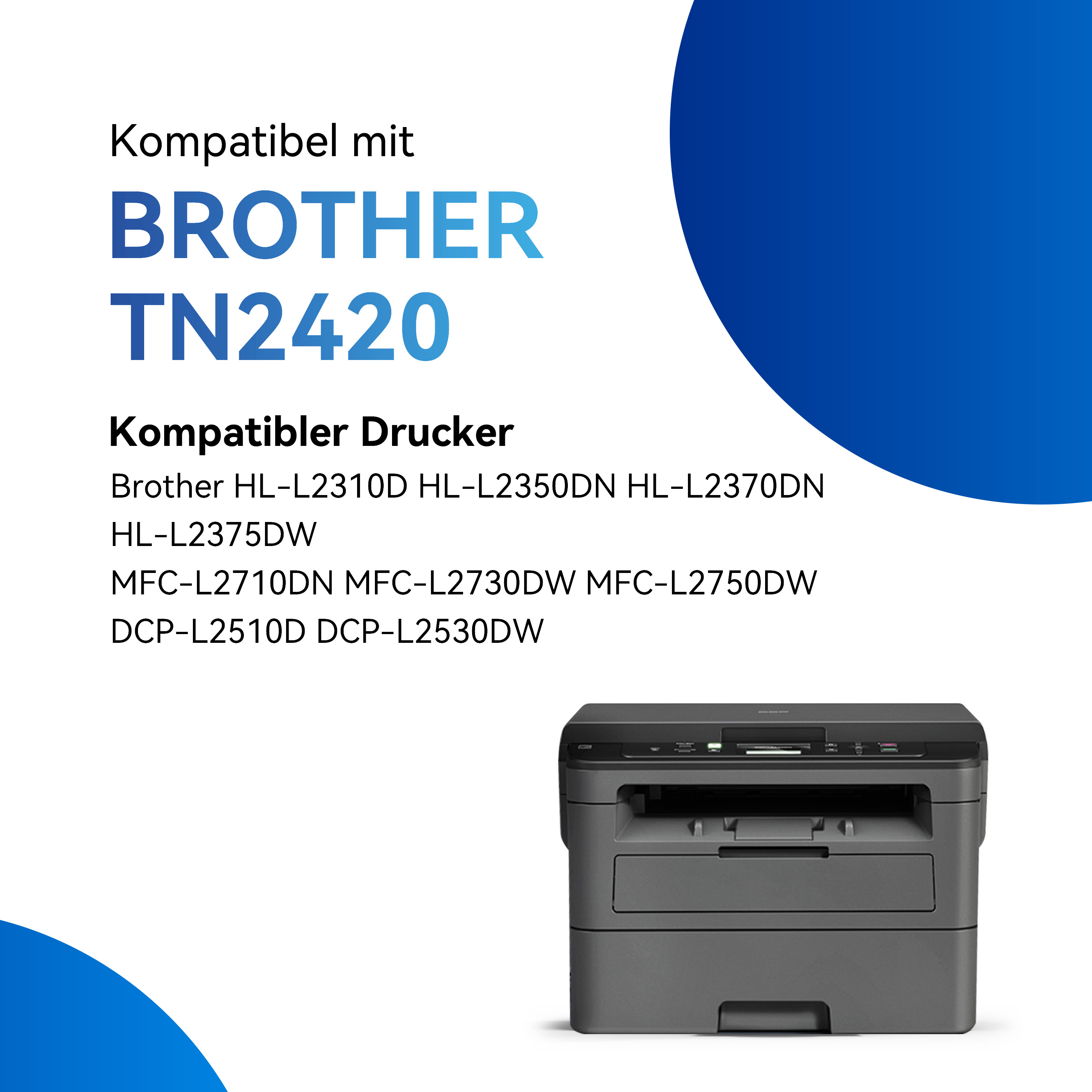 Een zwart-grijze printer met informatie over compatibele printermodellen en inkt.