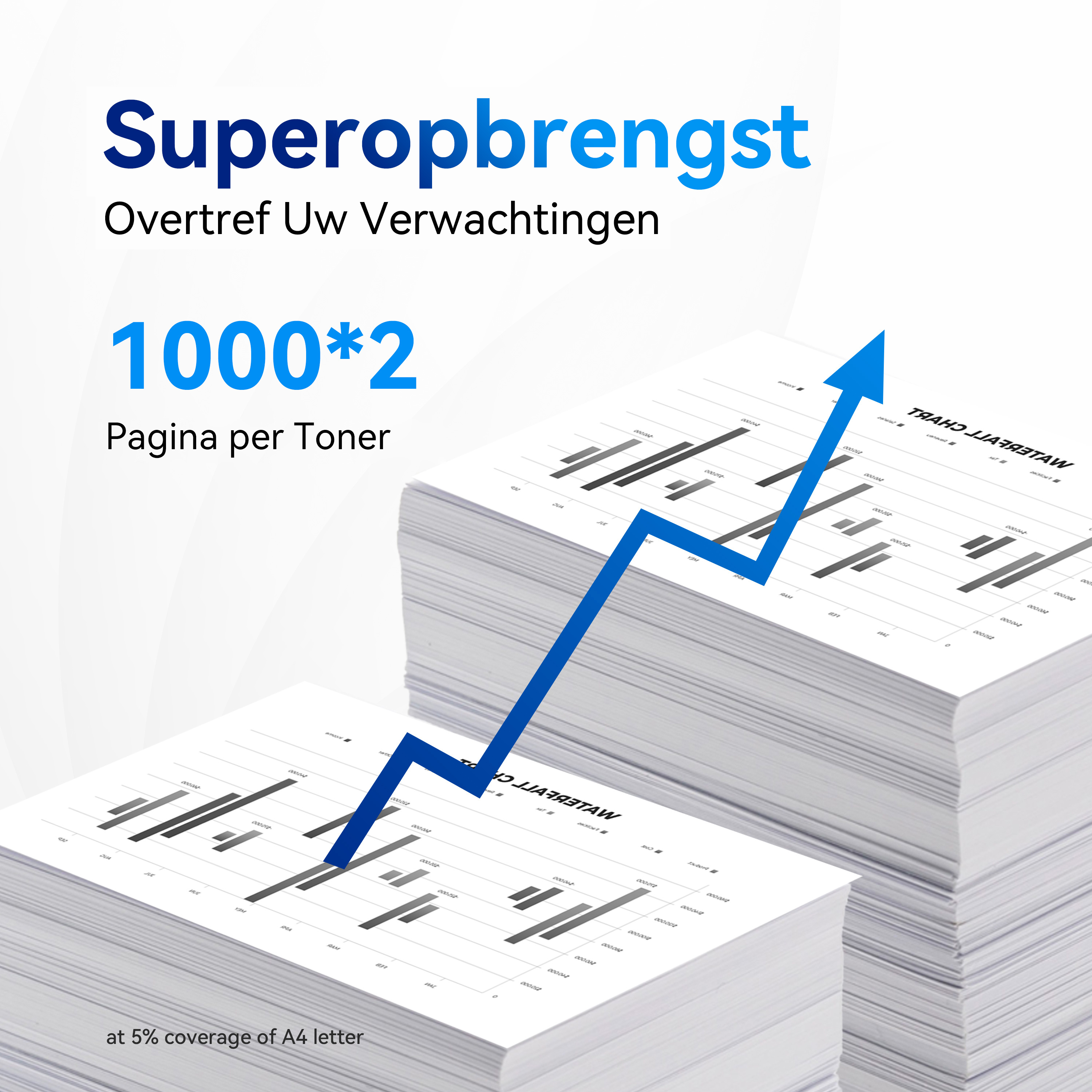Stapel papier met een blauwe pijl en tekst over het overtreffen van verwachtingen.