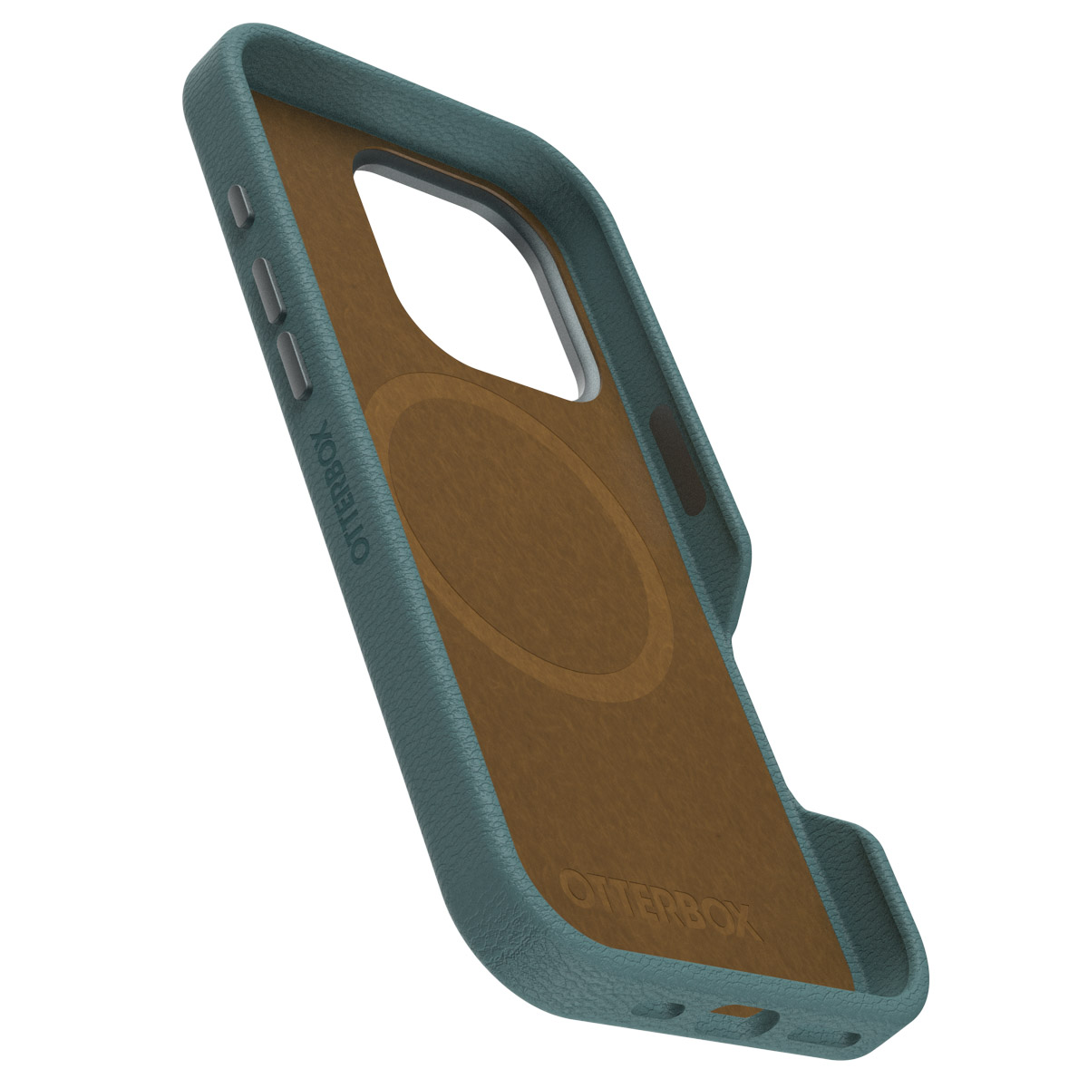 Coque de téléphone bleue avec intérieur marron. Marque Otterbox visible.