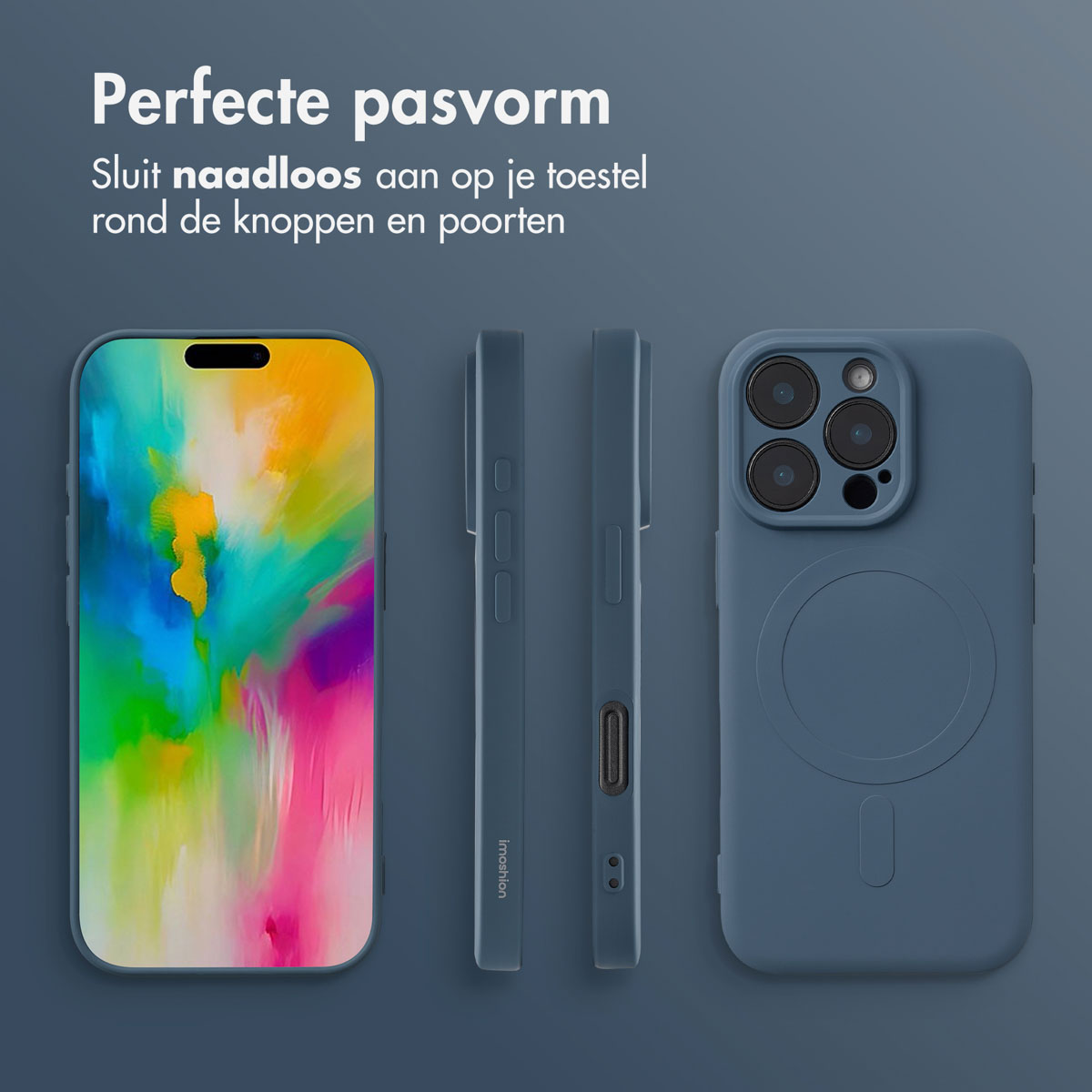 Telefoonhoesje, drie aanzichten: voorkant met scherm, zijkant, achterkant met camera. Alles in blauw, perfect passend.