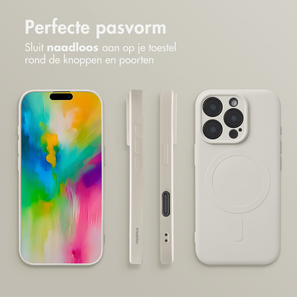 Telefoonhoesjes. Drie hoesjes en een telefoon met kleurrijke achtergrond.