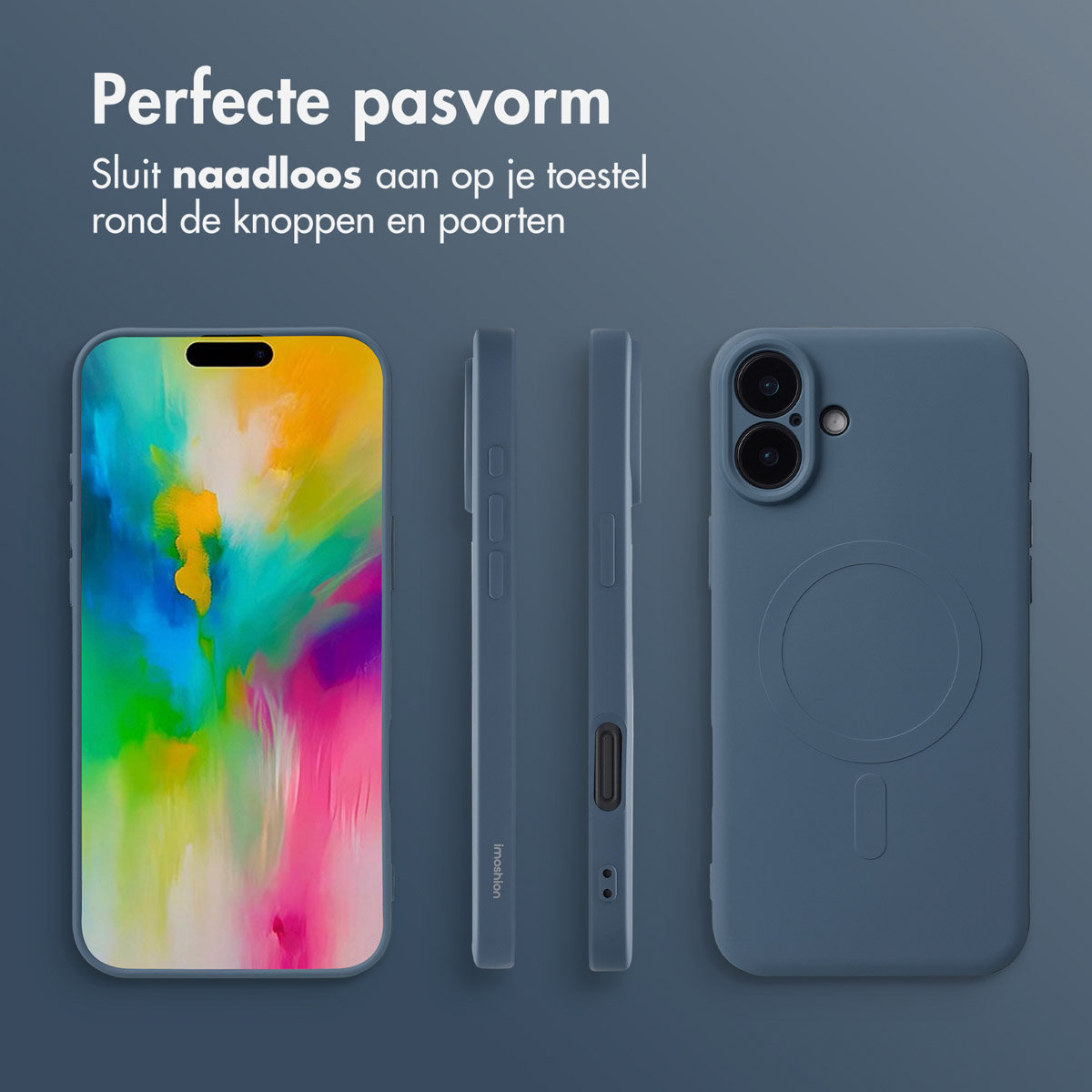 Telefoon met hoesje vanuit verschillende hoeken. Tekst: Perfecte pasvorm. Sluit naadloos aan rond de knoppen en poorten.